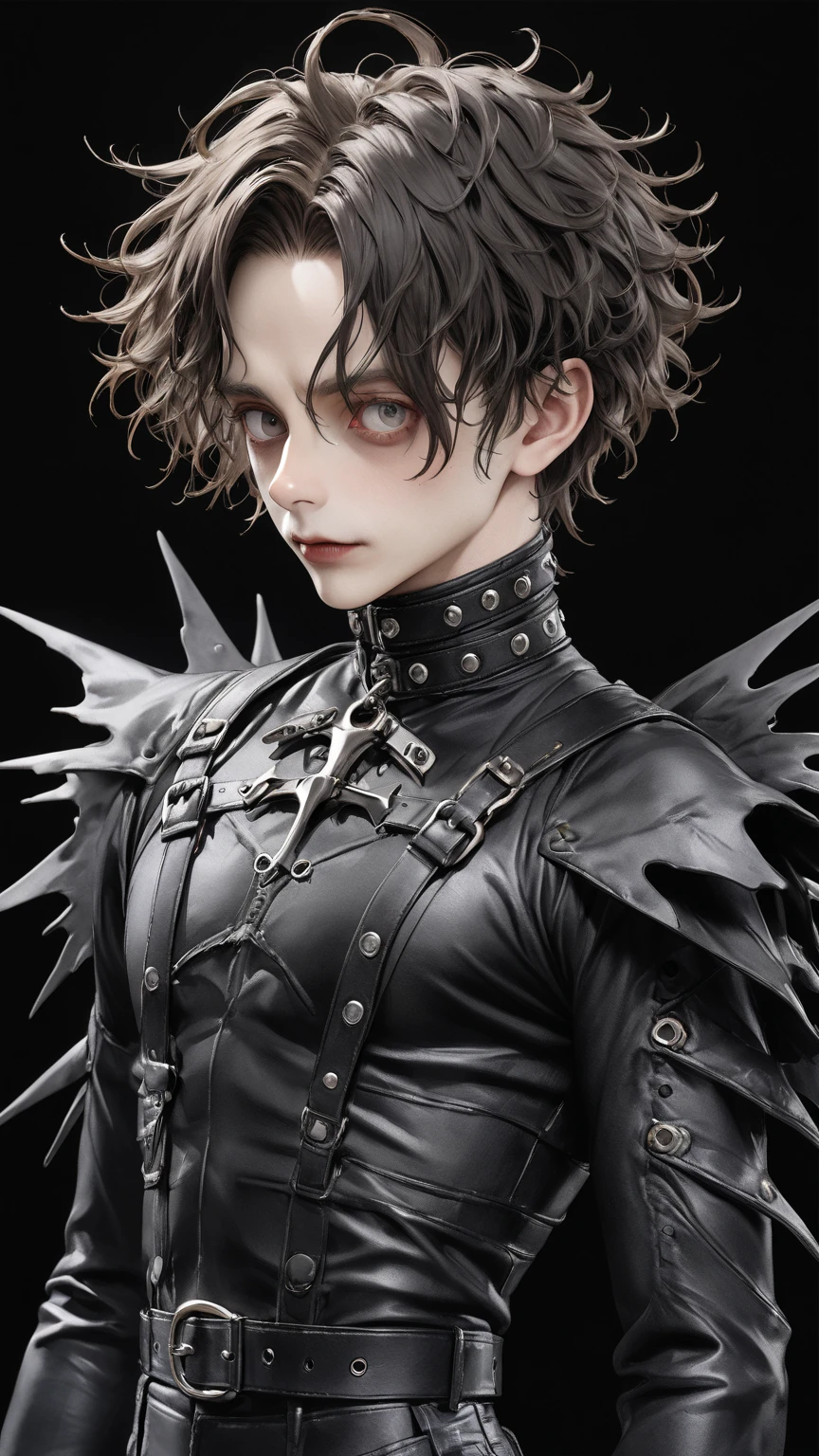 high res , masterpiece, Accurate,  top quality,  high res model,  high detail, Anatomically Accurate, Norman Rockwell & Tim Burton styl、Watercolor touch、 Edward Scissorhands、black leather costume、male、solo,  dark background 、ファンタジー、ホラー、ダークネス、ゴシック調、