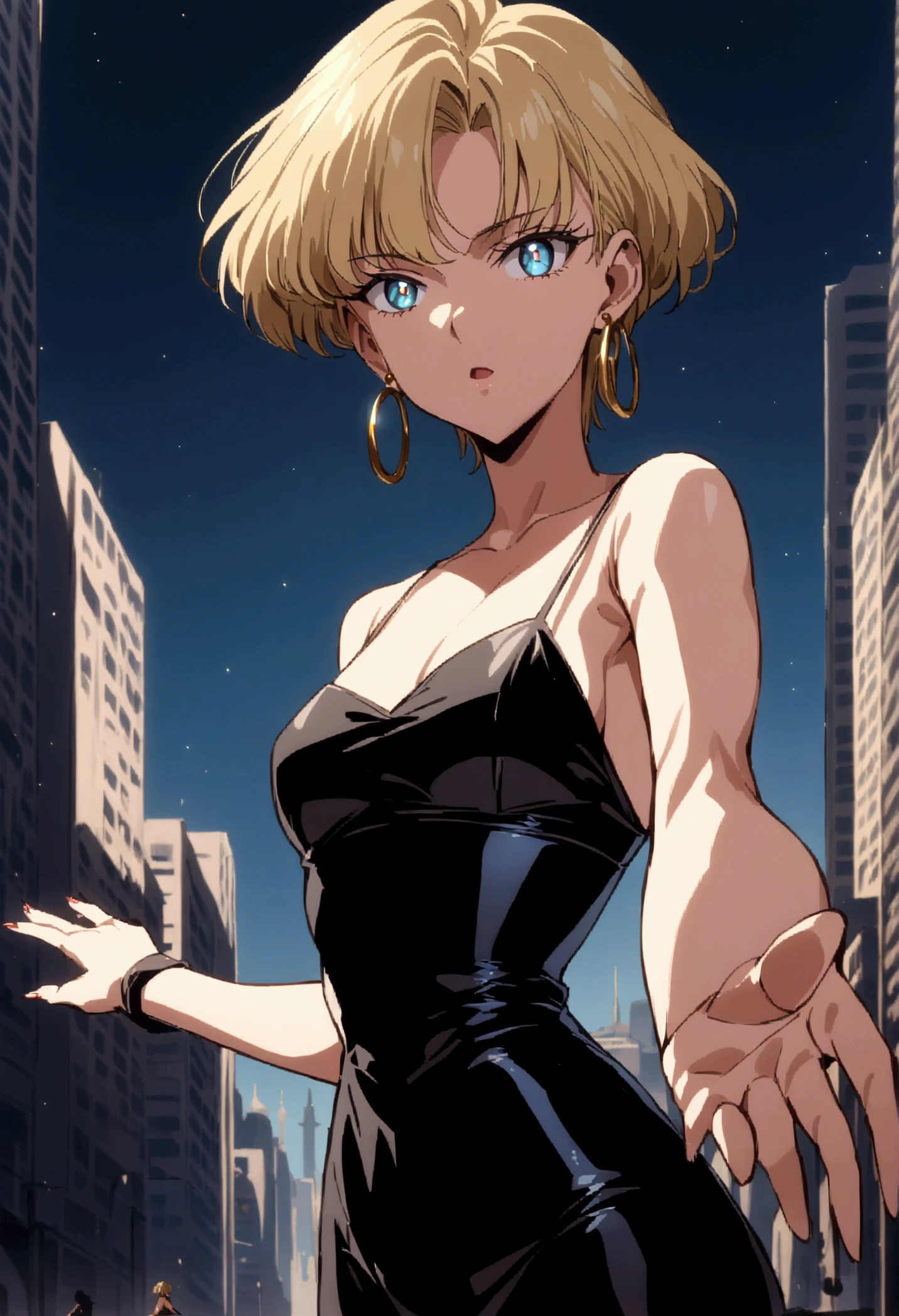 Masterpiece, top quality, So Aesthetic,absurdres,1990s \( style for stilets\), 1 girl,Alone, very short hair, Blonde,  earrings,  blue eyes, Sharp Eyes,  tight dress,  spaghetti strap,  black dress, Sleeveless, city, Outdoors,  knight,  outstretched arm,  looking ,