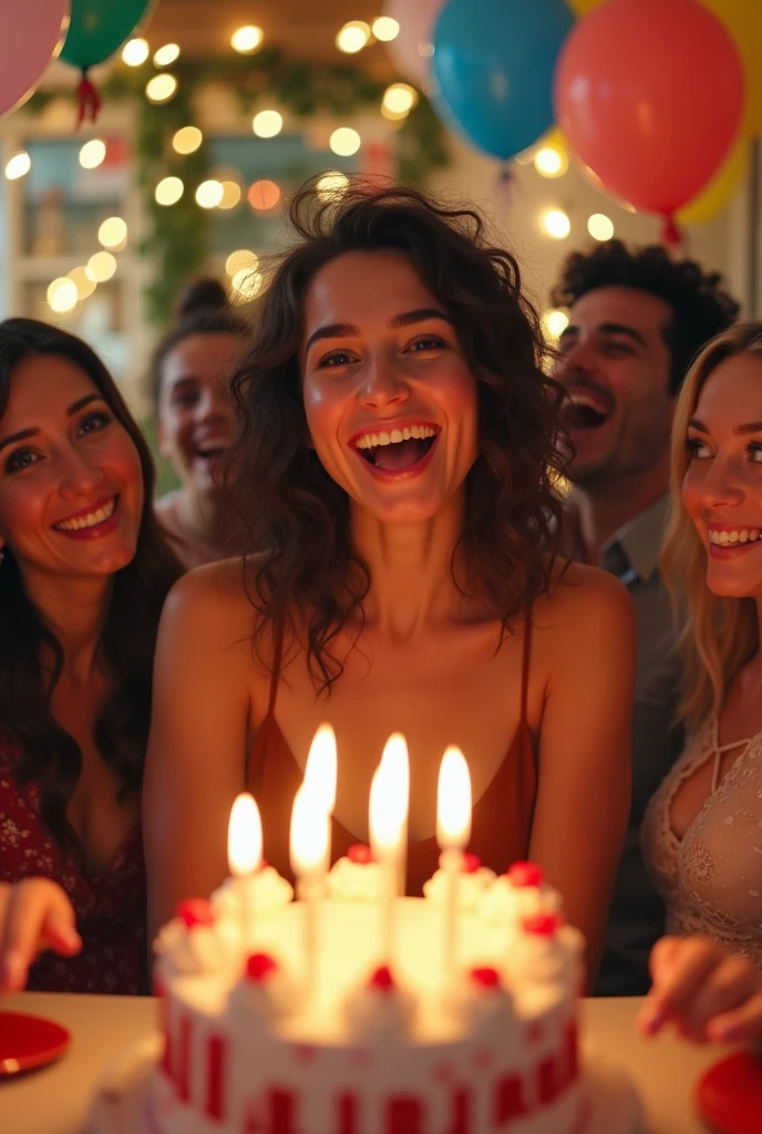 A brunette woman, slim, with medium, wavy hair is at the center of a surprise party organized by her friends at a fancy restaurant. The photo shows the woman at the table with her friends, with a table with cake and fancy restaurant dishes and expensive sparkling wines. The image is full body and captures the teacher and about 10 friends.