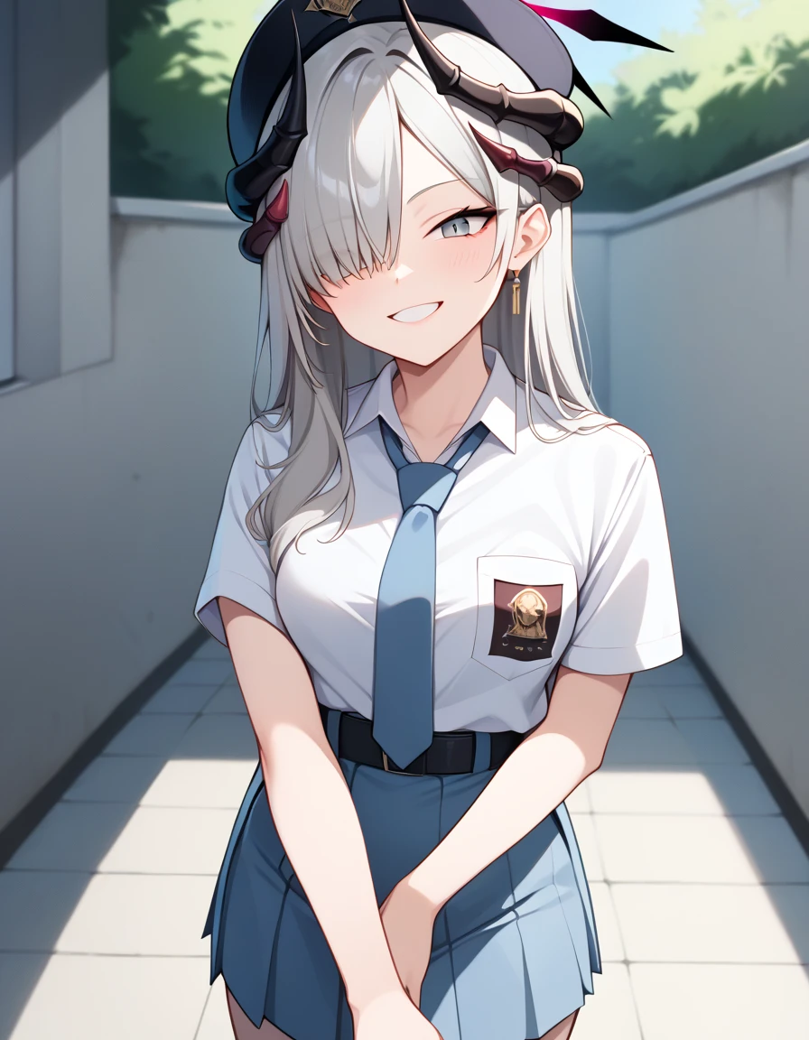 Masterpiece, hd, best quality, makotodef, grey hair, hair over one eye, black headwear, multiple horns, black horns, demon horns, halo, grey eyes, medium breasts,  Indonesia high school uniform, wearing white collared shirt, short sleeves, light blue skirt, pleated skirt, light blue neck tie, pocket, school logo on pocket, wearing black belt, outdoor,  smile,  standing, cowboy shot