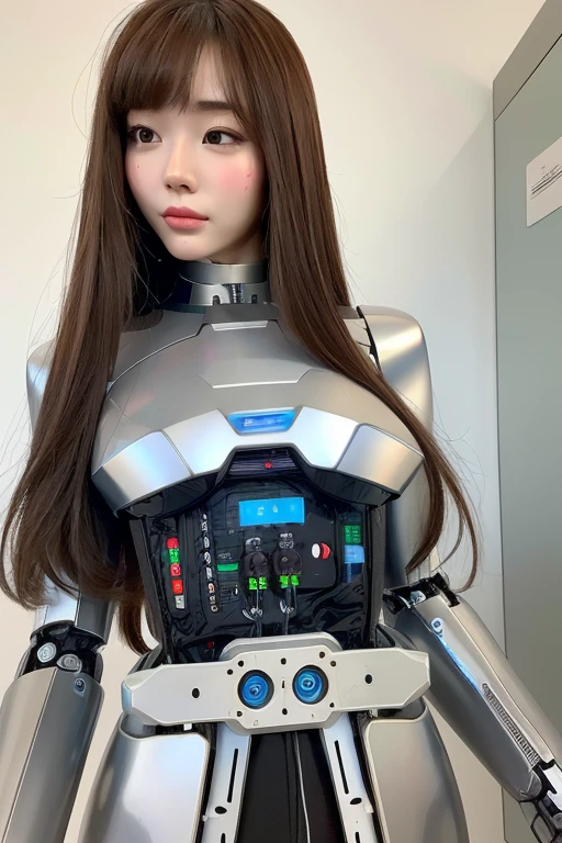 (photorealistic:1.4), (RAW photo)masterpiece, best quality, extremely detailed, (8K, 4K, Best Quality, hight resolution, 超A high resolution:1.1), 8K portrait,1girl in, Japaese android girl,announcer,Plump ,metallic robot girl,silver robot girl, control panels,android,Droid,Mechanical Hand, Robot arms and legs, Black hair,Mechanical body,Blunt bangs,White Robotics Parts,perfect robot woman,Charging spot,Long Tube,A thick cable was connected to her neck,android,robot humanoid,a bit chubby,full eyes,perfect mechanical silver body,silver robotics body,future assembly plant,She has repaired,black sponge joints,android assembly plant,android,laboratory,perfect machine body,metallic body,silver body,silver admen,The removable cover is in the groin,The connection port is in the groin,perfect mechanical breast,robotic body suits,