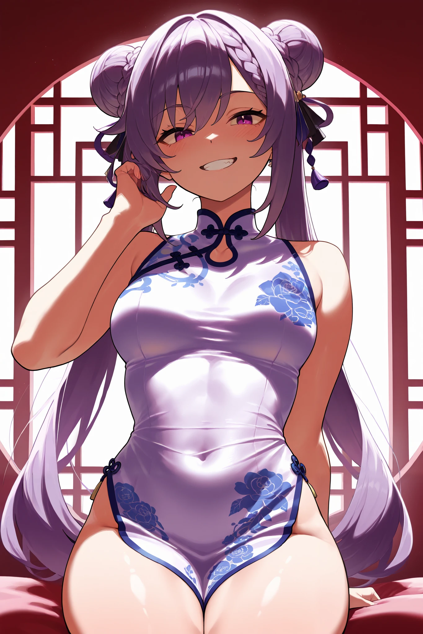 score_9,score_8_up,score_7_up,source_anime,cowboy shot,Idealized Forms,Natural Light,details background,blurry background,extremely detailed,HayaseYuuka((bulearchive),(blush),purple hair,long hair,ponytail,two side up,parted bangs,blue eyes,purple eyes,(black)mechanical_halo,(white)china dress,See-through,