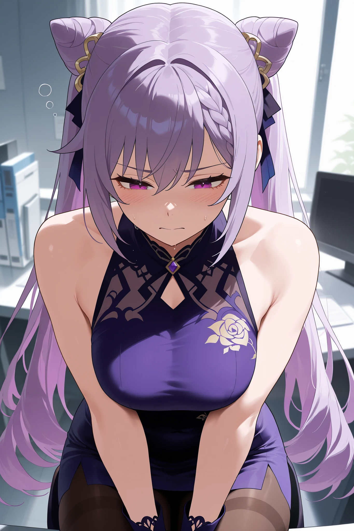 NSFW,masterpiece, top quality, high definition, very detailed,Keqing、 braids、コーンHair Bun、Hair Bun、 hair ornament、 Long Hair 、 purple eyes、 purple hair, Exposed Shoulders、 black pantyhose、Sleeveless、 dress、gloves,Office, tired face, exhaustion, I'm tired