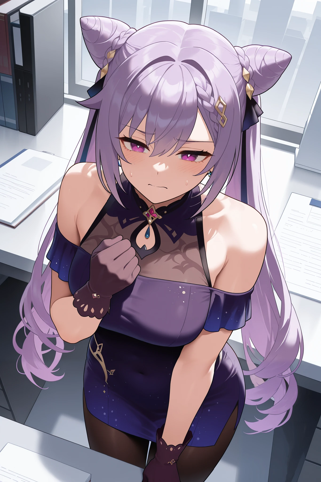 NSFW,masterpiece, top quality, high definition, very detailed,Keqing、 braids、コーンHair Bun、Hair Bun、 hair ornament、 Long Hair 、 purple eyes、 purple hair, Exposed Shoulders、 black pantyhose、Sleeveless、 dress、gloves,Office, tired face, exhaustion, I'm tired