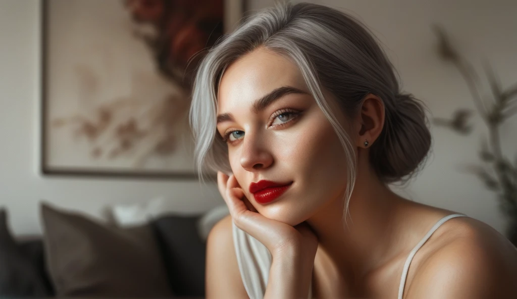 Functions, gray hair, ( top quality ,  overdetailed ), ( realistic:1.37),  beautiful and detailed face , Ultra- realistic texture, gentle face,  red lipstick , long-lasting colors. high definition, 8 k.