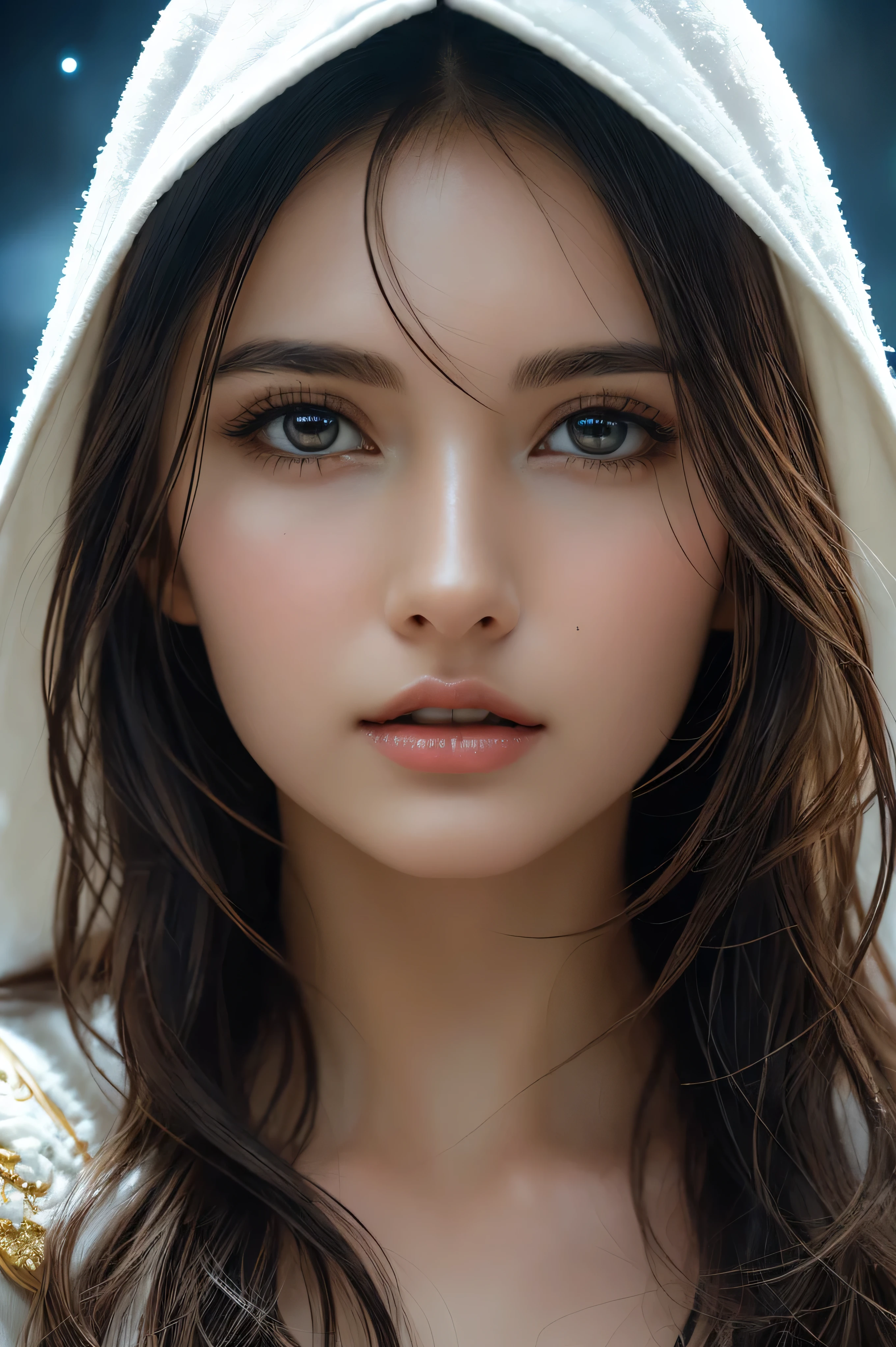 (masterpiece, top quality, best quality, official art, beautiful and aesthetic:1.2), (1girl), extreme detailed eyes, (fractal art:1.3), colorful, highest detailed, (perfect face), shiny skin, HDR, (white cloak golden lines:1.2), galaxy, (light streaks), striking visuals, (dynamic streaks, luminous trails:1.2), vibrant colors, (phoenix), (dragon)