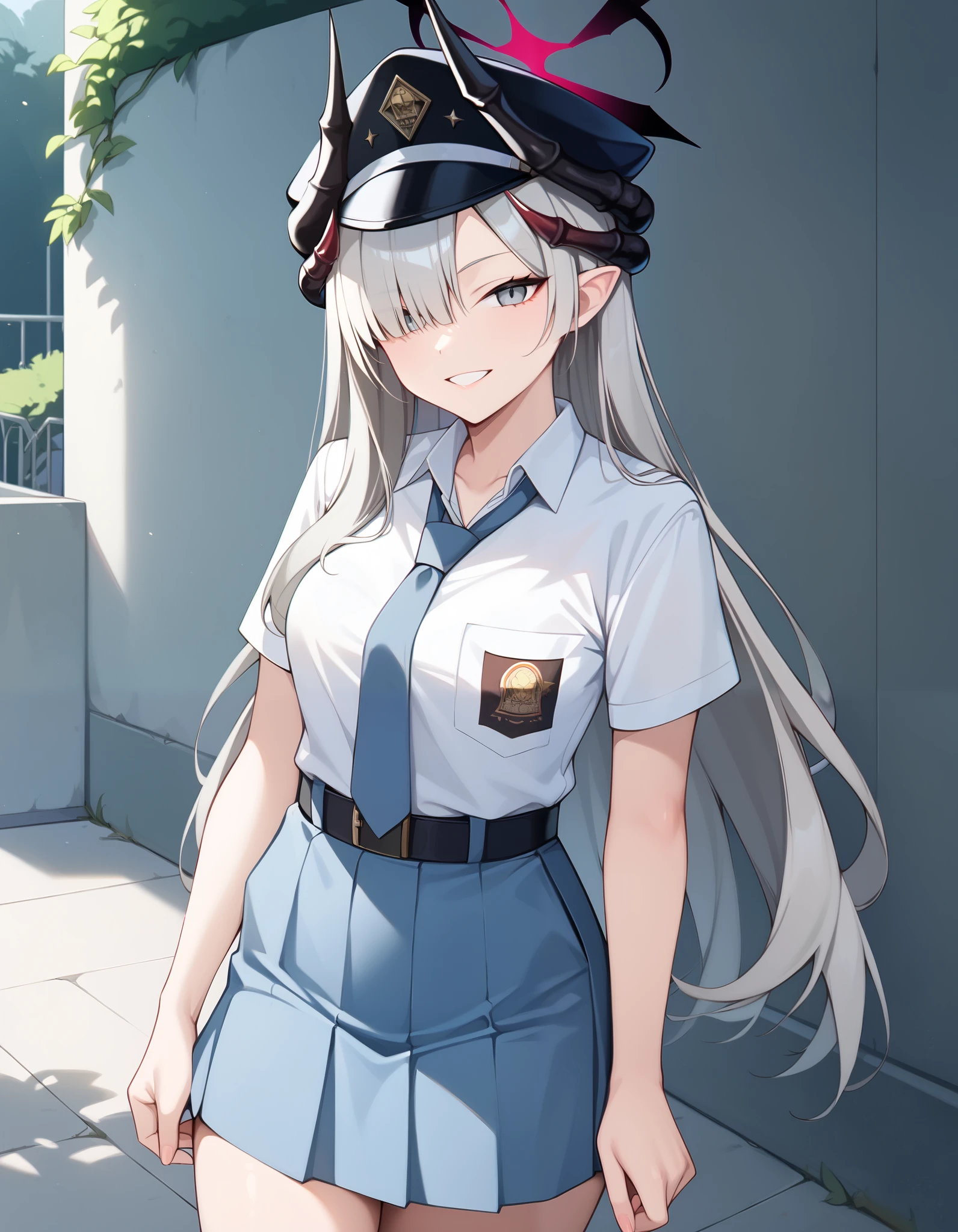 Masterpiece, hd, best quality, makotodef, grey hair, hair over one eye, black headwear, multiple horns, black horns, demon horns, halo, grey eyes, medium breasts,  Indonesia high school uniform, wearing white collared shirt, short sleeves, light blue skirt, pleated skirt, light blue neck tie, pocket, school logo on pocket, wearing black belt, outdoor,  smile,  standing, cowboy shot