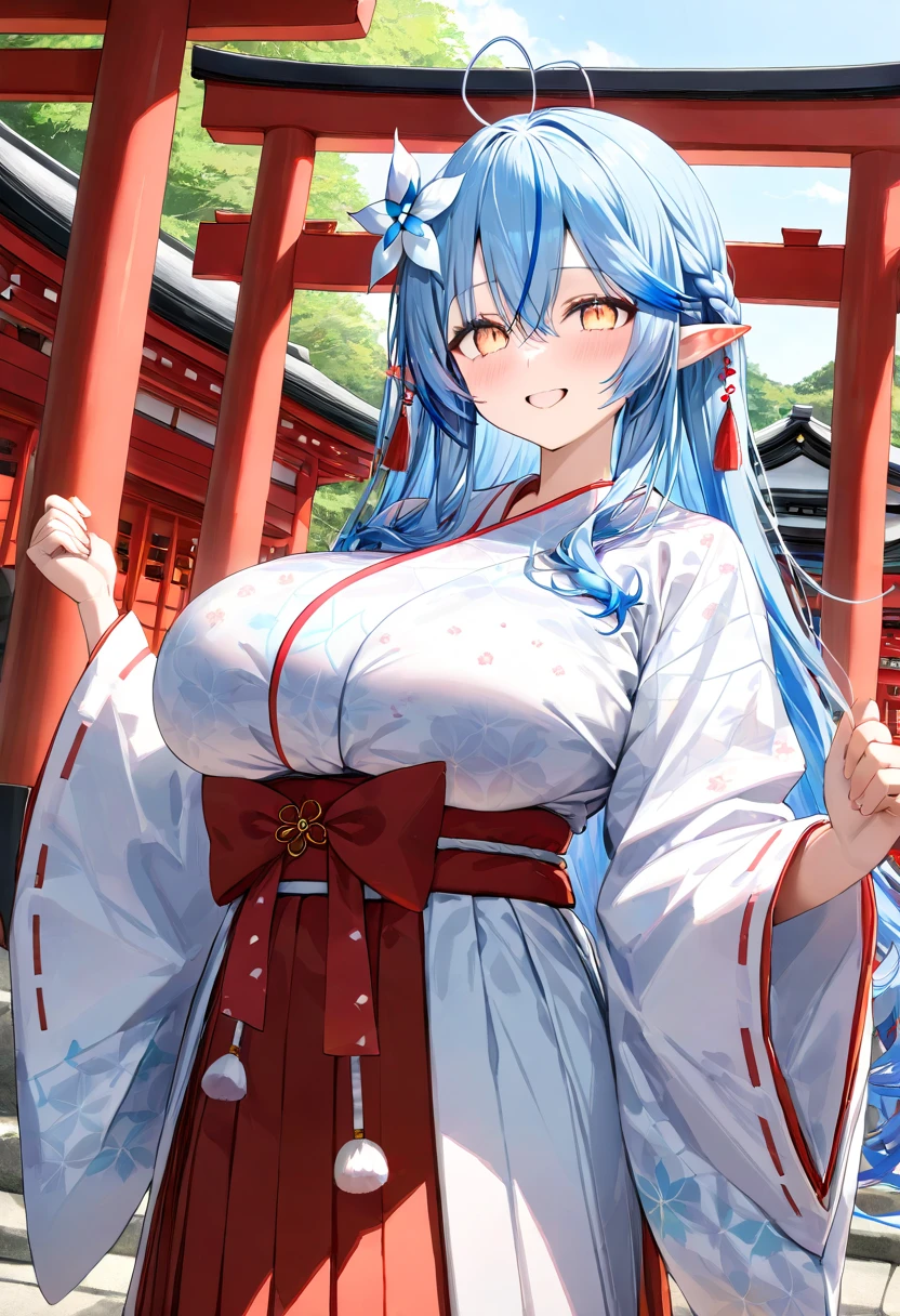 ( top quality , 8k , masterpiece ),  girl  , young , 1 person ,  Highly Detailed Eyes and Faces , Yukihana Lamy ,  hololive  ,  blue hair  , smile ,  will be happy ,  red cheeks  , ( shrine maiden, White Yukata,red hakama :1.2 ) , (  huge breasts )