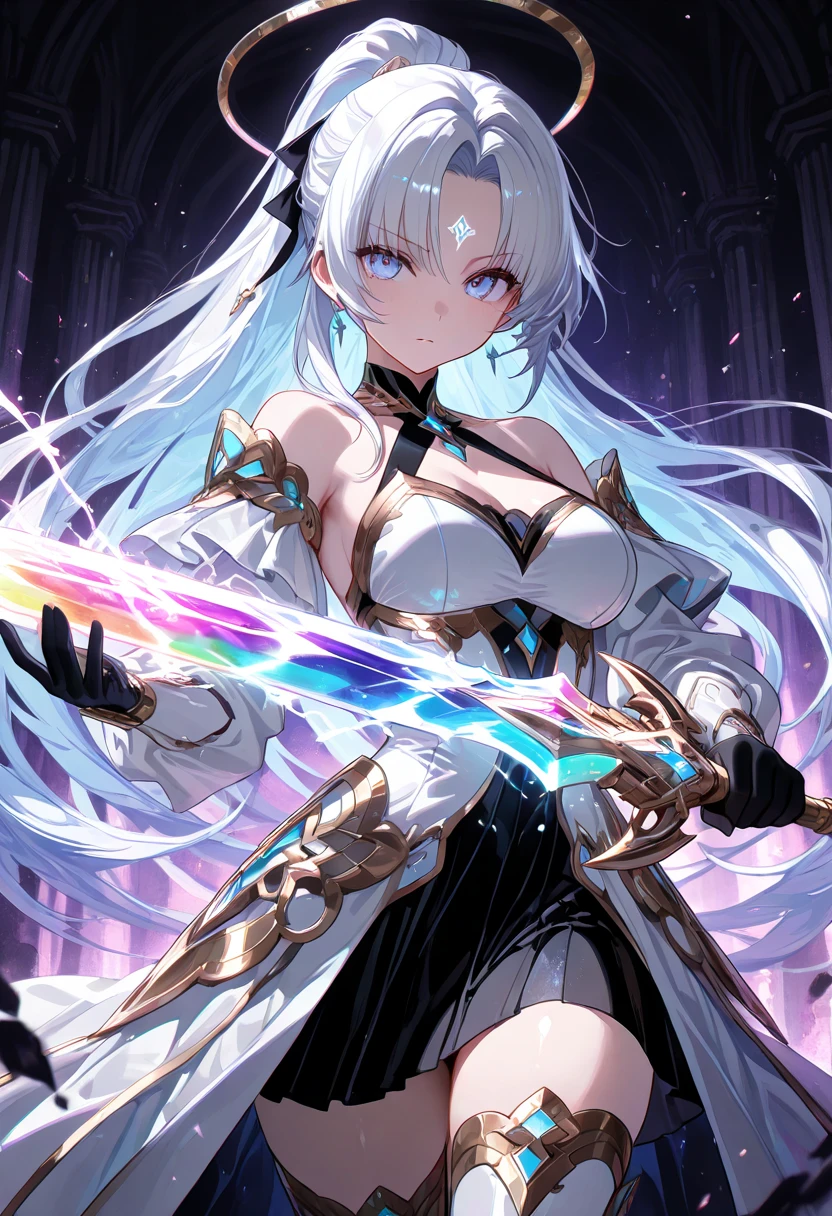 best quality, super fine, 16k, incredibly absurdres, extremely detailed, delicate and dynamic, gigantic beautiful transparent and translucent shining goddess, cool and beautiful pretty female cyber warrior in battle, and long braided low twintails with hair that gradually fades from white to purple towards the tips, iridescent magic circle, background space galaxy far away