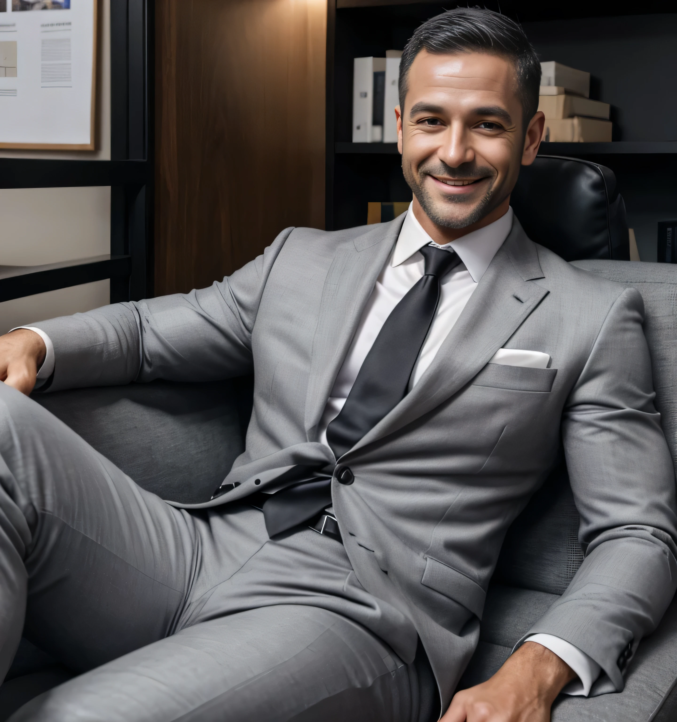 40 year old handsome ,  One Man,、  muscularity、Israeli。  grey suit ,black tie、 shorthair 　、 office、  is sitting on the couch、  grey suit、black tie、 Grey slim pants 、 Lift your upper body 、Focus on facial expressions　Israeli　Front　 Hermès belts　Smile