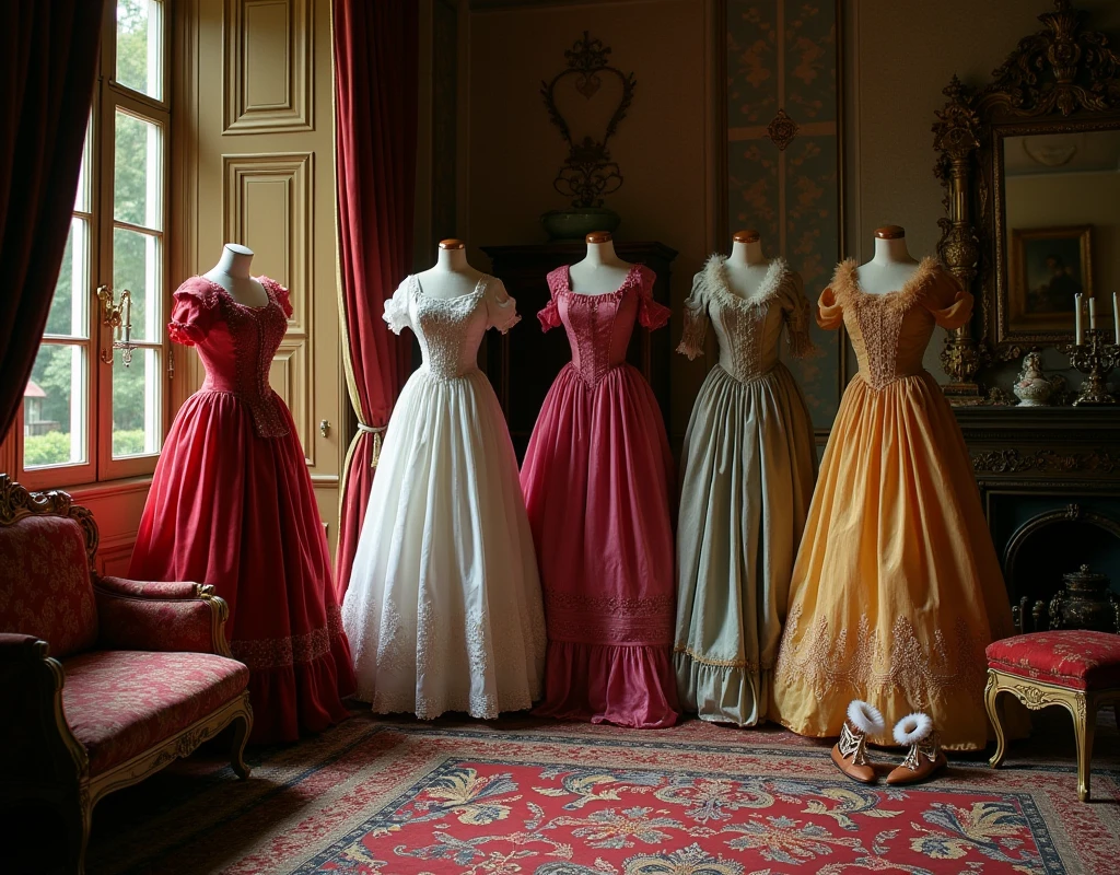 (photorealism:1.2), roccoco style half-couch, velvet fabric, lion foot style wooden frame of couch, right side of couch has multiple messily layered roccoco dresses, voluminous crinoline skirts puffy dresses multiple colours, da vinci style drapery, silk and linen/velvet dresses each of different fabrics, corsets, dresses messily thrown ontop of each other, spread randomly, no mannequins