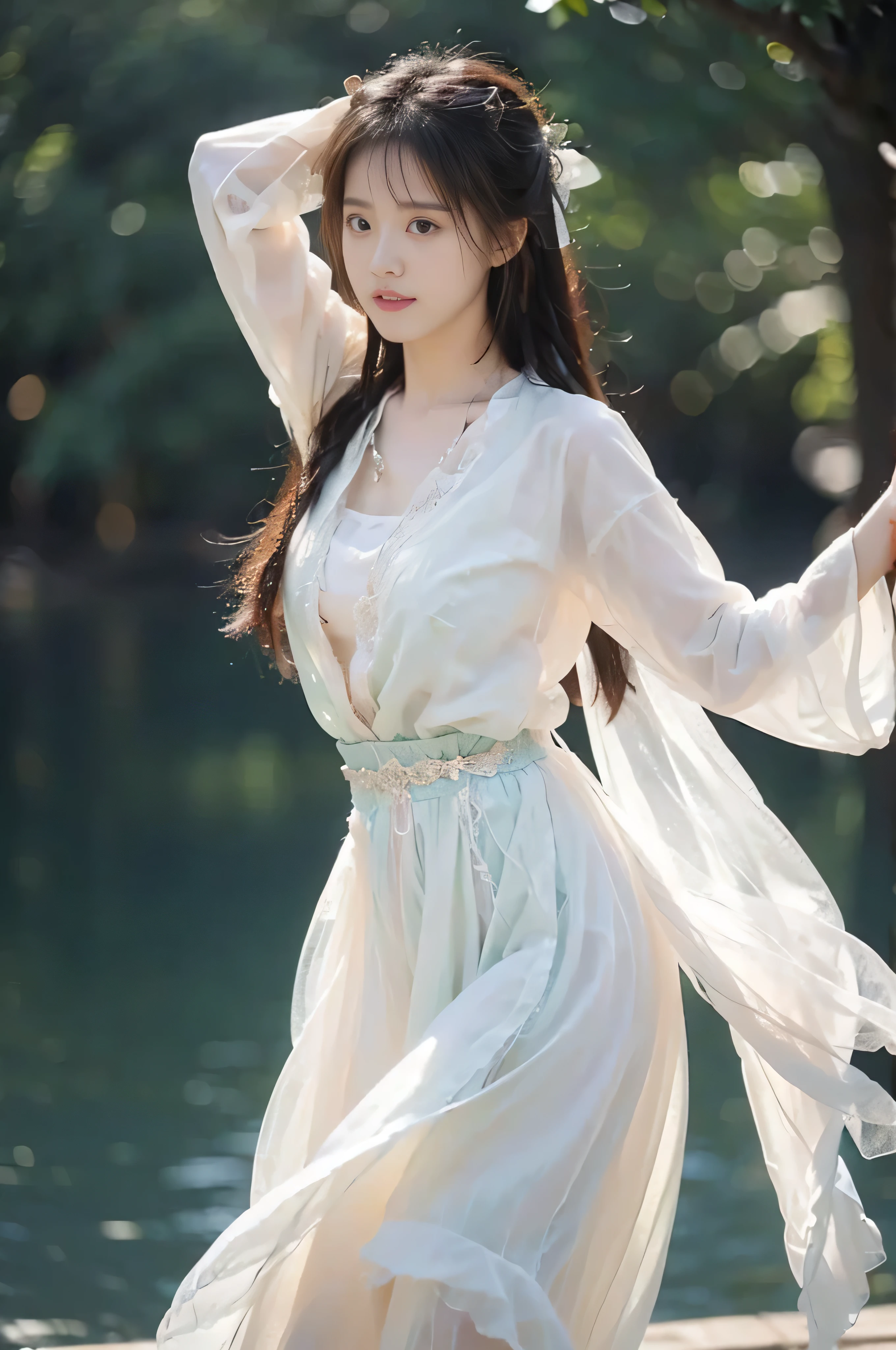 A beautiful girl is dancing， on dark background ，Sexy，make a fist