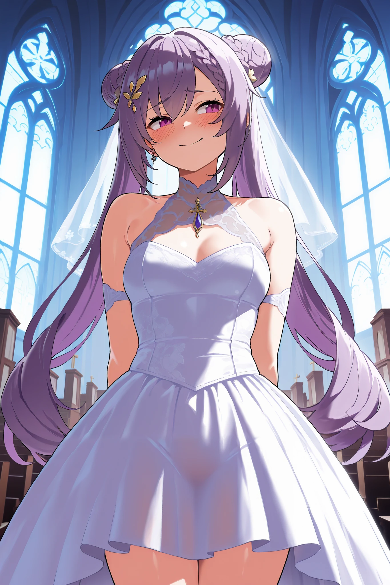 NSFW,masterpiece, top quality, high definition, very detailed,Keqing、 braids、コーンHair Bun、Hair Bun、 hair ornament、 Long Hair 、 purple eyes、 purple hair, wedding dress, tight skirt ,church,Embarrassed,smile