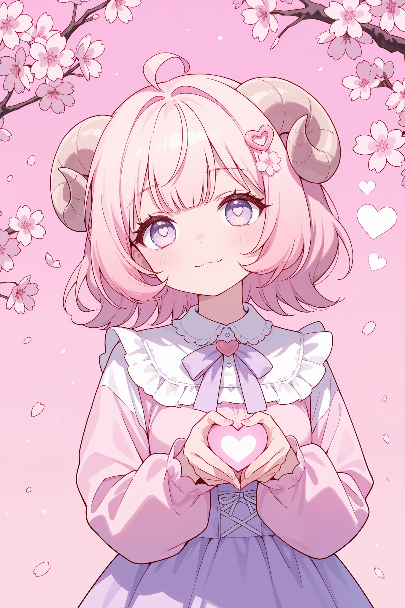 Cute cartoon/ Sheep woman, pink aesthetic background, heart, cherry blossoms, well lit,  pastel goth