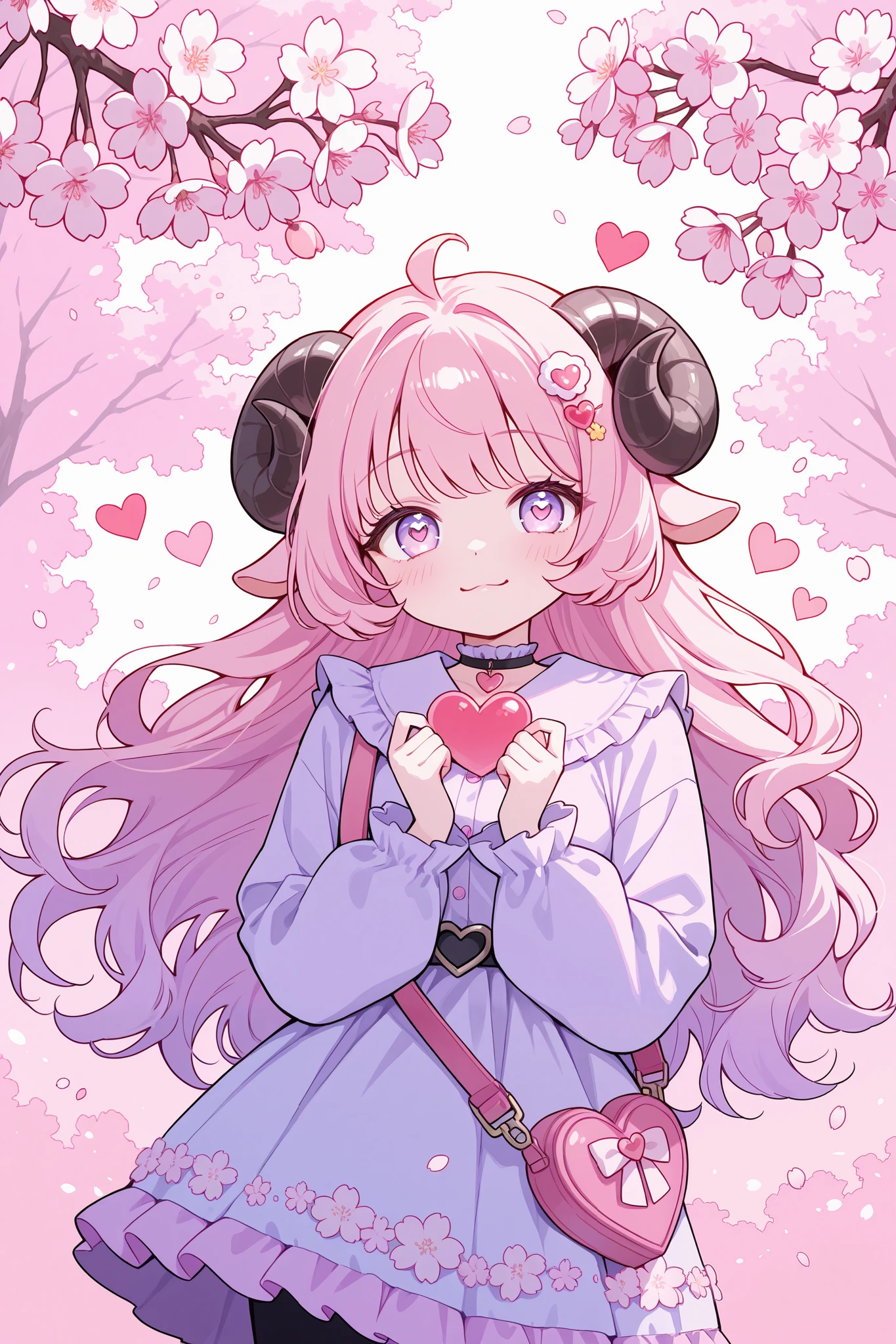 Cute cartoon/ Sheep woman, pink aesthetic background, heart, cherry blossoms, well lit,  pastel goth