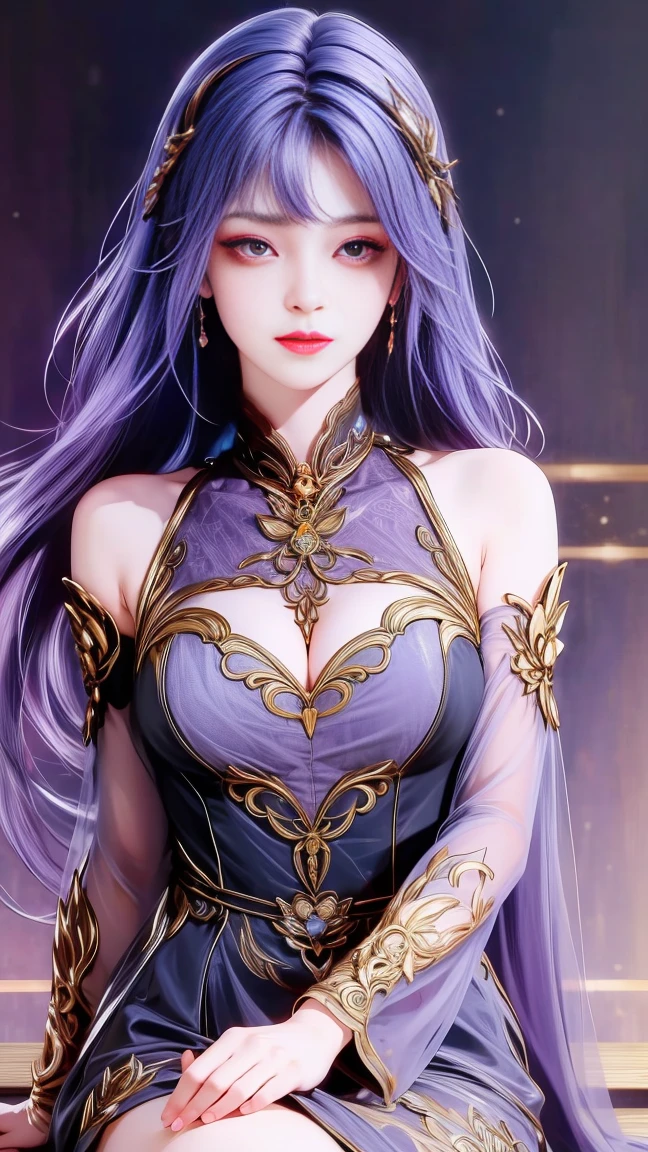 (masterpiece),(best quality:1.5),8k,absurdres,highres, Glowing skin:1.3, shiny skin, oil skin, 
Wang dong,cute face, (closed mouth:1.5),
1girl,solo,(jewelry), (Earring),(long hair:1.5),(purple hair:1.5), alpha transparency,see-through,dress, (black dress:1.3), simple background,realistic,expressionless, short dress, (upper body:1.3), outdoor,(looking at viwer:1.7), garden background,(sitting:1.5), (Long sleeve), absurddress, body suit, Sharp gaze, senyum, (Looking at the camera:1.4), (Bare shoulders:1.3), Crystal skin, (pale skin:1.3), (Glowing skin:1.1), oil skin, big breast:1.3, cleavage, Very detailed face, Very detailed clothes, (Bridal arm sleeves),(Transparent sleeves), (Sharp gaze),(Small face),(Bangs:1.3),