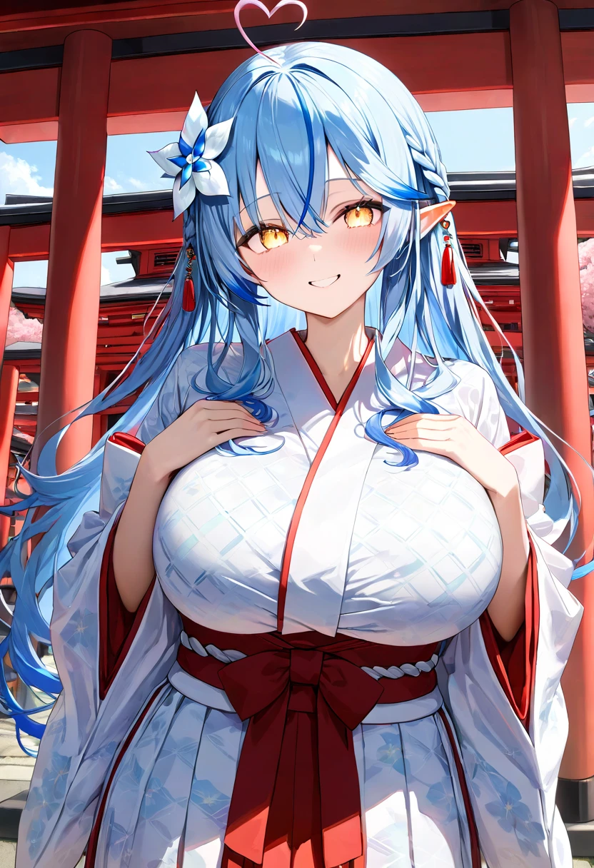 ( top quality , 8k , masterpiece ),  girl  , young , 1 person ,  Highly Detailed Eyes and Faces , Yukihana Lamy ,  hololive  ,  blue hair  , smile ,  will be happy ,  red cheeks  , ( shrine maiden, White Yukata,red hakama :1.2 ) , (  huge breasts )