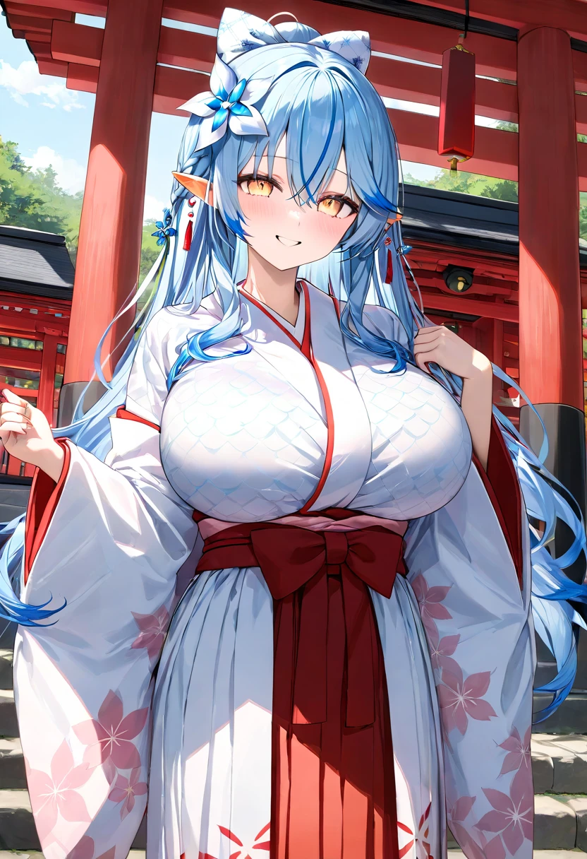 ( top quality , 8k , masterpiece ),  girl  , young , 1 person ,  Highly Detailed Eyes and Faces , Yukihana Lamy ,  hololive  ,  blue hair  , smile ,  will be happy ,  red cheeks  , ( shrine maiden, White Yukata,red hakama :1.2 ) , (  huge breasts )