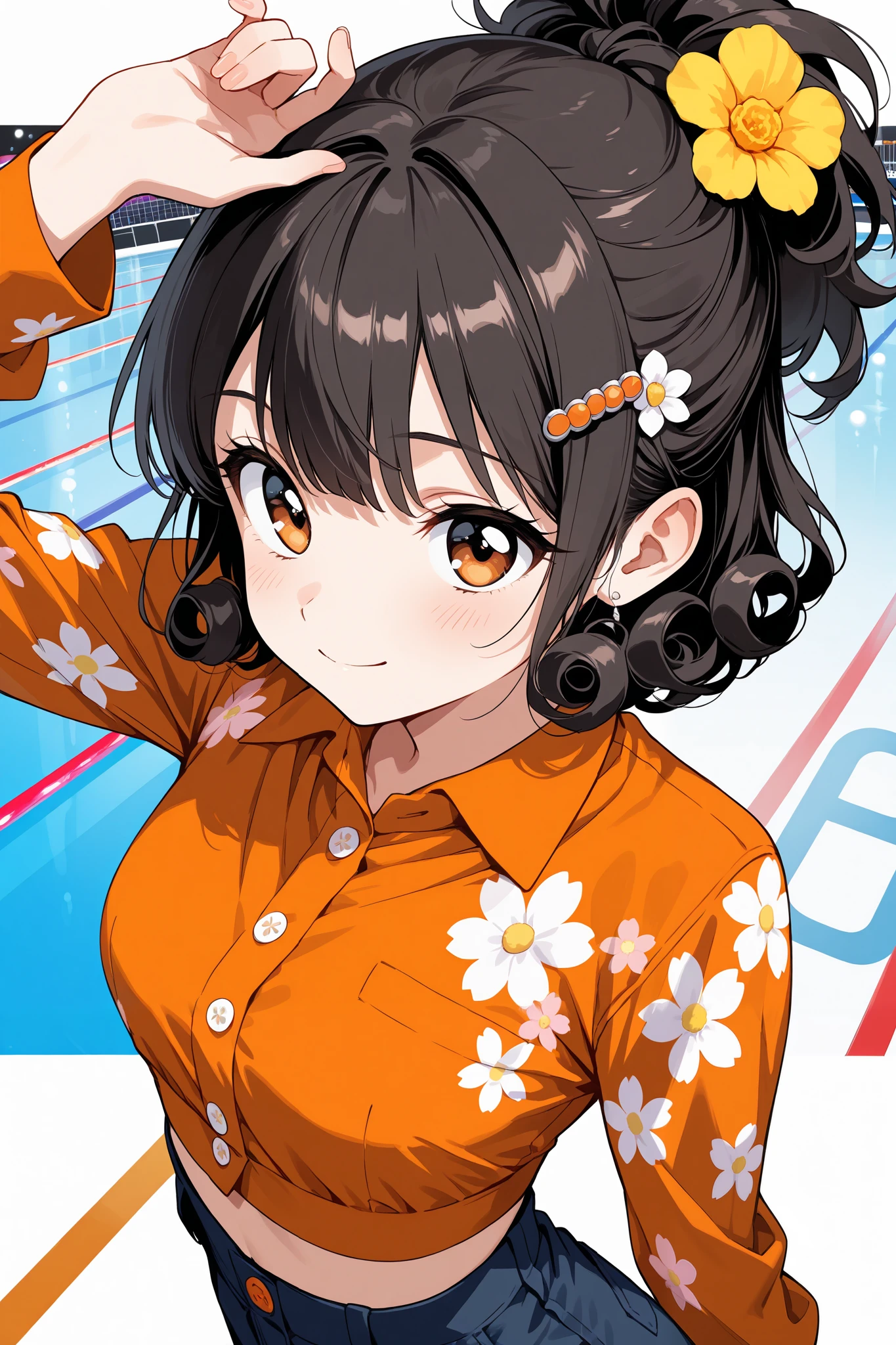 (((Masterpiece))), a top influencer woman, best quality, ultra-detailed, cute and spunky, retro 60's style, fair skin, short curly black hair with flower clips, orange button up crop top transparent floral print sleeves, brown high waist button up shorts, skating rink background