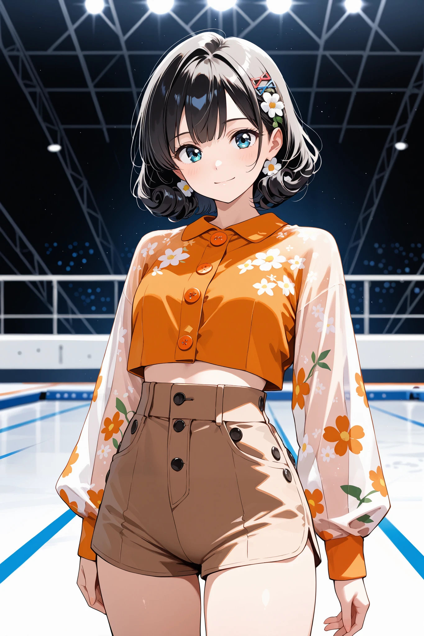 (((Masterpiece))), a top influencer woman, best quality, ultra-detailed, cute and spunky, retro 60's style, fair skin, short curly black hair with flower clips, orange button up crop top transparent floral print sleeves, brown high waist button up shorts, skating rink background