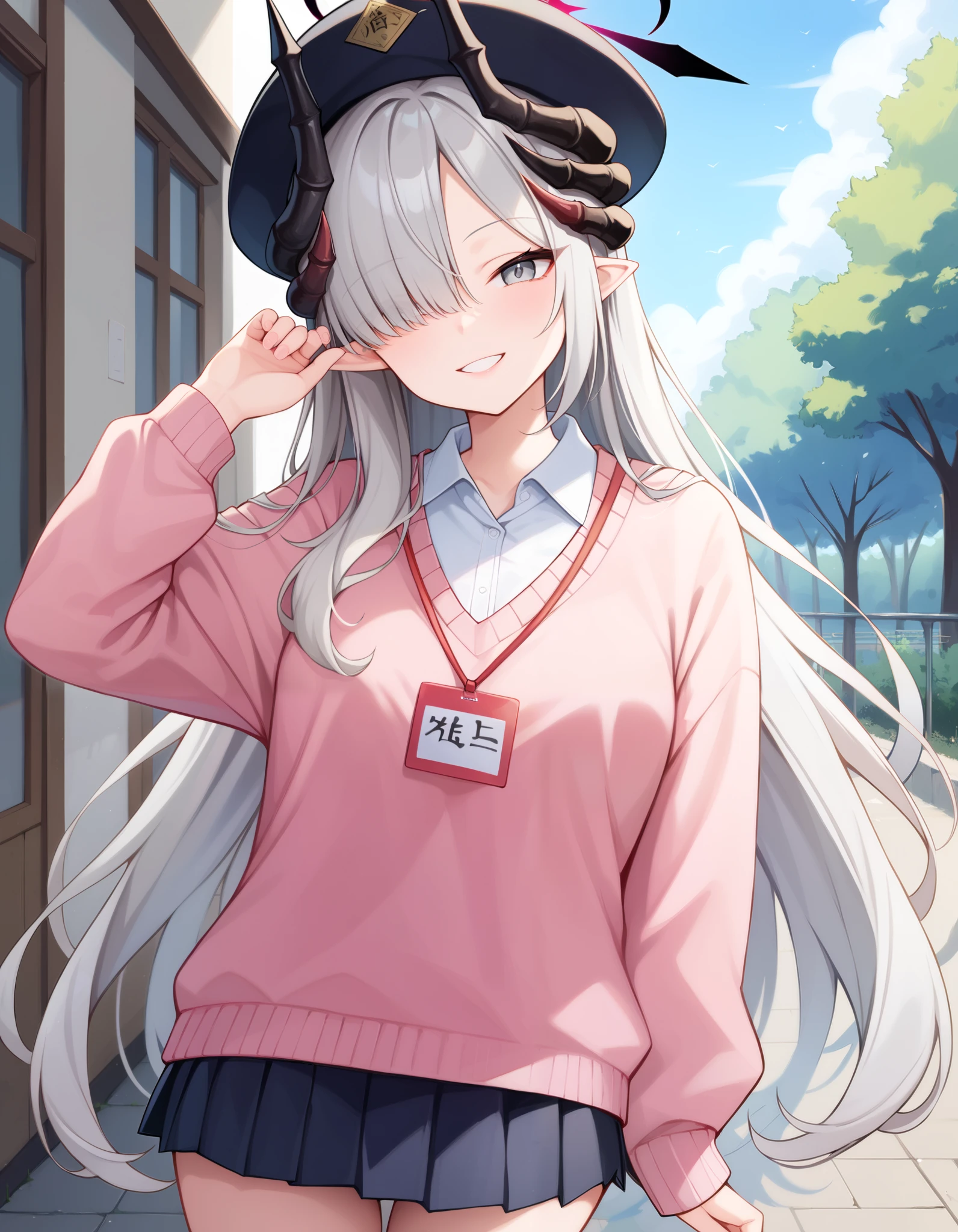 Masterpiece, hd, best quality, makotodef, grey hair, hair over one eye, black headwear, multiple horns, black horns, pointed ears, demon horns, halo, grey eyes, medium breasts,  school hat, yellow hat, Japanese kindergarten uniform, collared shirt, pink sweater, red name tag, pleated skirt, black skirt, outdoor,  smile,  standing, cowboy shot