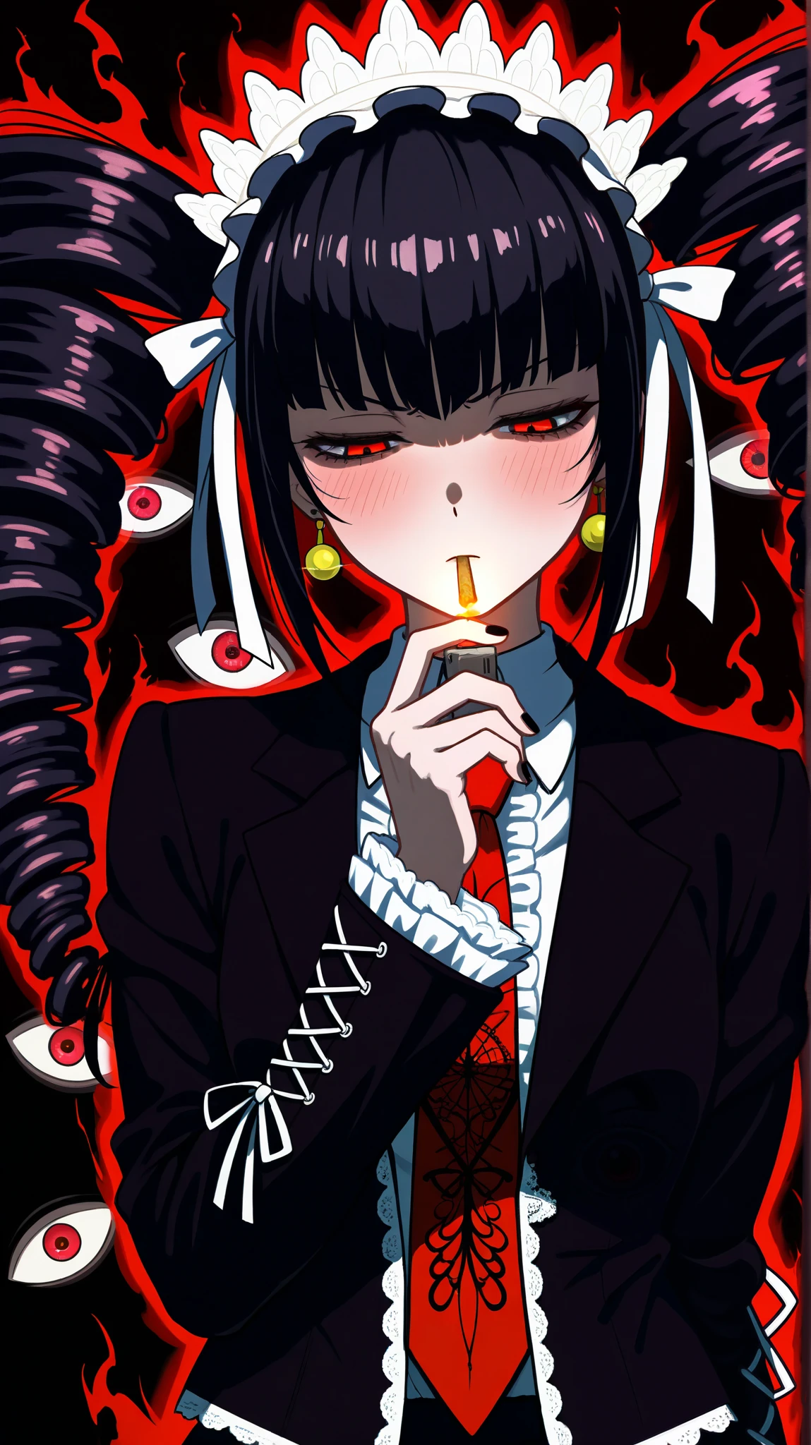 1 girl、profile、Red Eyes、Black Hair、Black Feather、Gothic Punk、turn around、tears,anime zombie witch design, wave hands、, street wear design, pro vector, Horror style, full design, 6 colors only, solid colors, no shadows, full design, sticker, bright colors, white background.super fine illustration,(((beautiful fine hair))),(((beautiful fine face))),(((beautiful fine background))),(((beautiful fine hair))),(((beautiful fine face))),(((beautiful fine background)))、Black Hair、blunt bangs