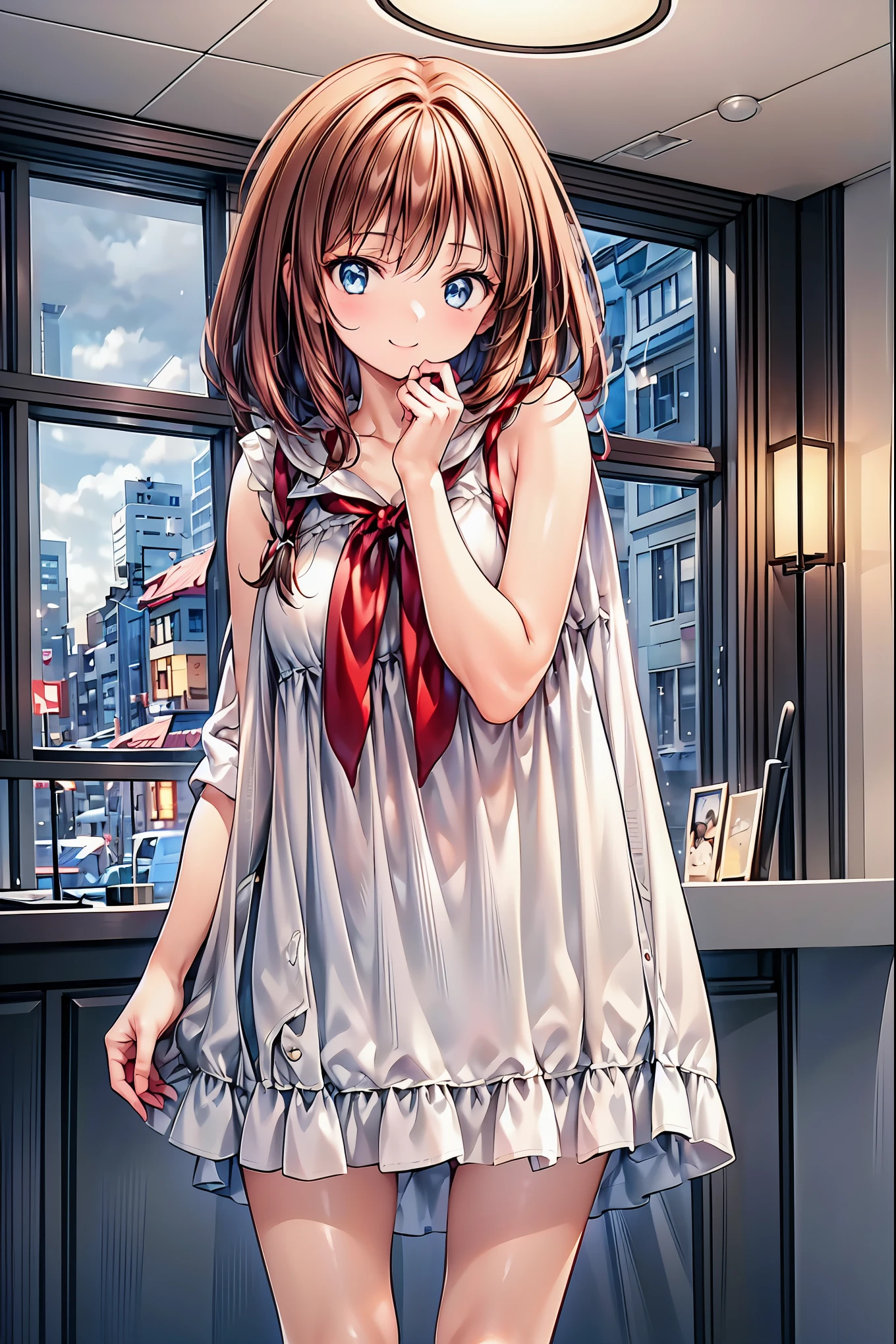 Winter clothes、Red coat、Bare legs、(    top quality ,Masterpiece:1.3,     Ultra-Fine ),(     very detailed,     caustics ,8k),(     realistic :1.4,RAW shooting),18 years old,     Japanese     ,     cute,  Looking at the camera and smiling   ,(     faces    :1.2),(     face close-up  :1.2),(Low position:1.3),(     low angle:1.4),   brown hair，     Shortcut ，     slender beauty     ，     messy hair，Cityscape，   brown hair，    Shortcut ，    tousled hair ，   short braided hair，Neat，   slender and beautiful woman with C cup breasts ，Correct posture，   small breasts，    Beautiful Legs，     Enchanting gray-blue eyes shine like stars ，Droopy eyes，    bright color ,    beautiful eyes,A delicate smile,   Textured Skin, BEST QUALITY BEST    ,    A humorous parody of a gentle and beautiful woman writing directly from the bottom of the depth of the dress border    ,    anime style､(Speaking Heart),  happy ,  open your mouth,  close eyes, 