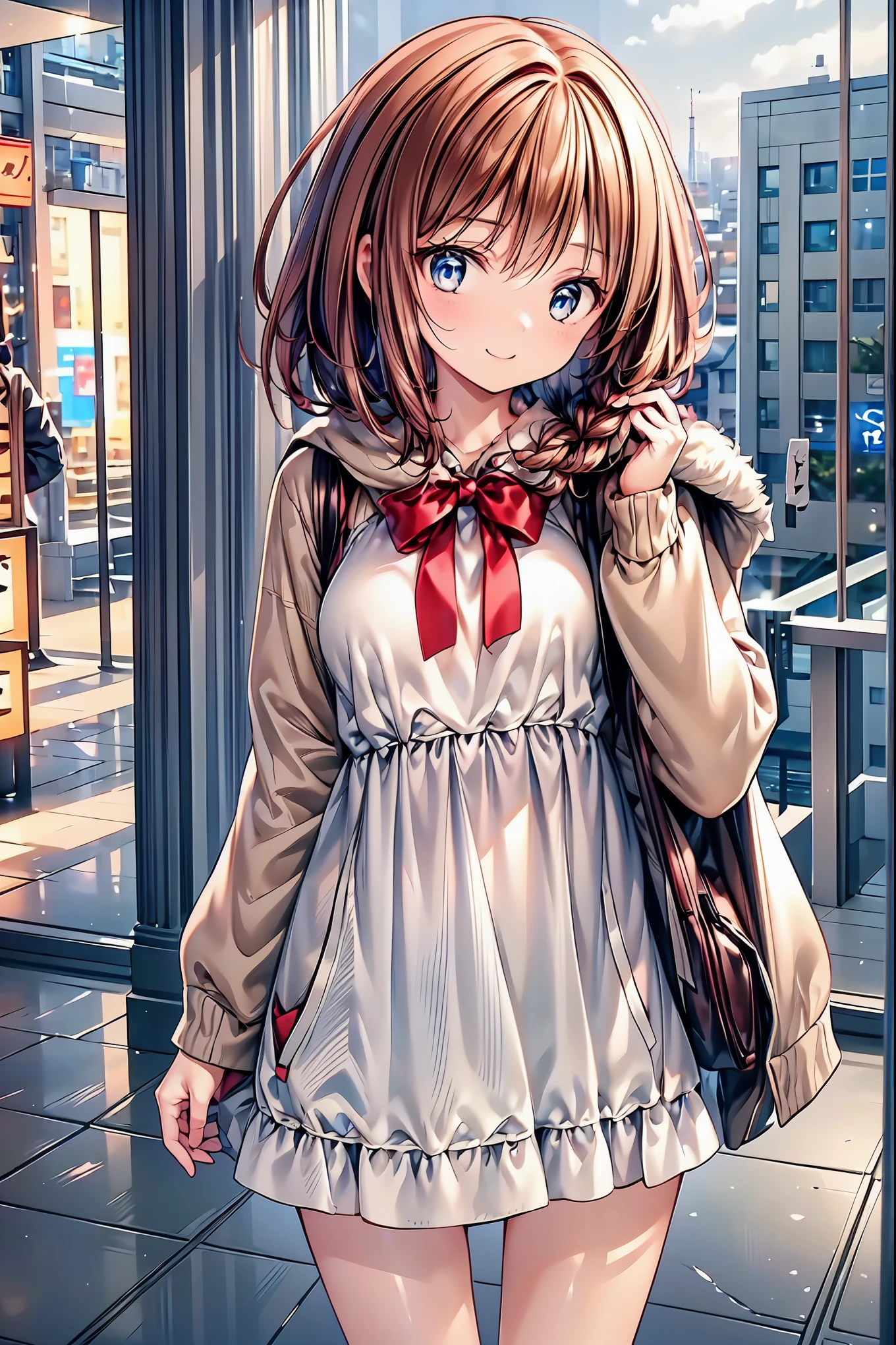 Winter clothes、Red coat、Bare legs、( top quality ,Masterpiece:1.3, Ultra-Fine ),( very detailed, caustics ,8k),( realistic :1.4,RAW shooting),18 years old, Japanese , cute, Looking at the camera and smiling ,( faces :1.2),( face close-up :1.2),(Low position:1.3),( low angle:1.4), brown hair, Shortcut , slender beauty , messy hair,Cityscape, brown hair, Shortcut , tousled hair , short braided hair,Neat, slender and beautiful woman with C cup breasts ,Correct posture, small breasts, Beautiful Legs, Enchanting gray-blue eyes shine like stars ,Droopy eyes, bright color , beautiful eyes,A delicate smile, Textured Skin, BEST QUALITY BEST , A humorous parody of a gentle and beautiful woman writing directly from the bottom of the depth of the dress border , anime style、(Speaking Heart), happy , open your mouth, close eyes,