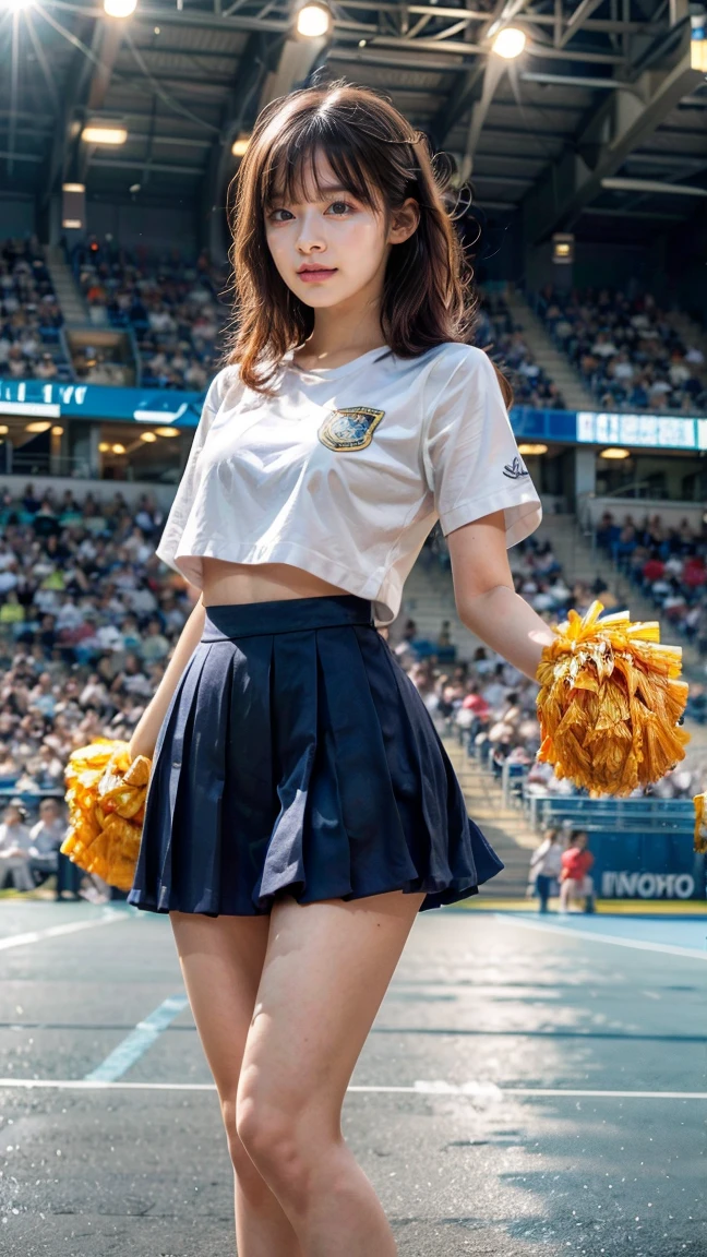 A beautiful young Japanese woman, 20 years old, with perfect anatomy, healthy thighs, beautiful feet, flawless skin, random hair color and style, large bust, (she is standing:1.2), wearing a cheerleader uniform with micro-pleated miniskirt, in a full body shot, standing in a stadium, (best quality,4k,8k, highres, masterpiece:1.3), (extremely detailed:1.2), morinana