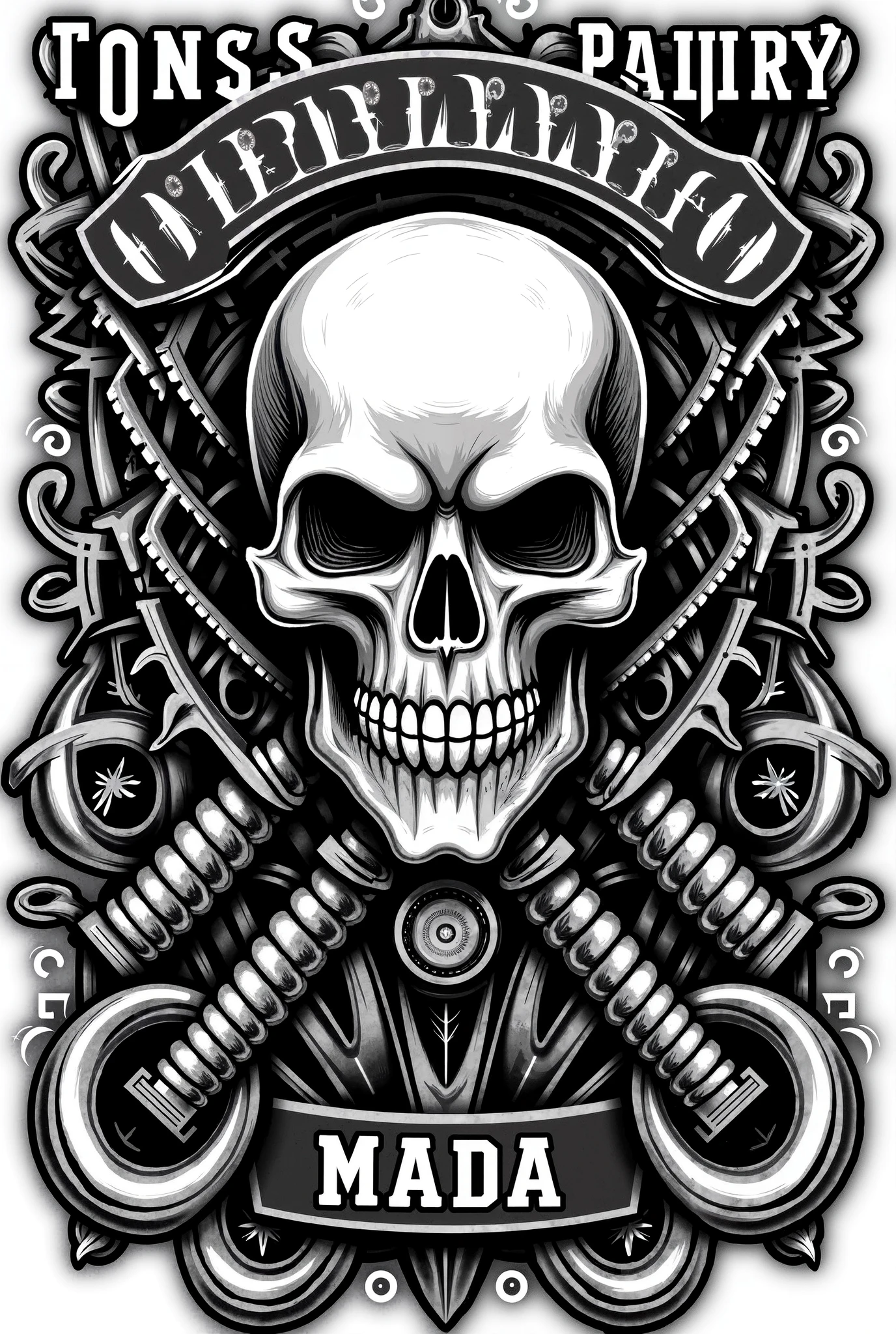 T-shirt design, skull and crossbones, mechanic, vector illustration, highly detailed illustration.”, highly detailed vector art, detailed vectorart, heavy metal artwork