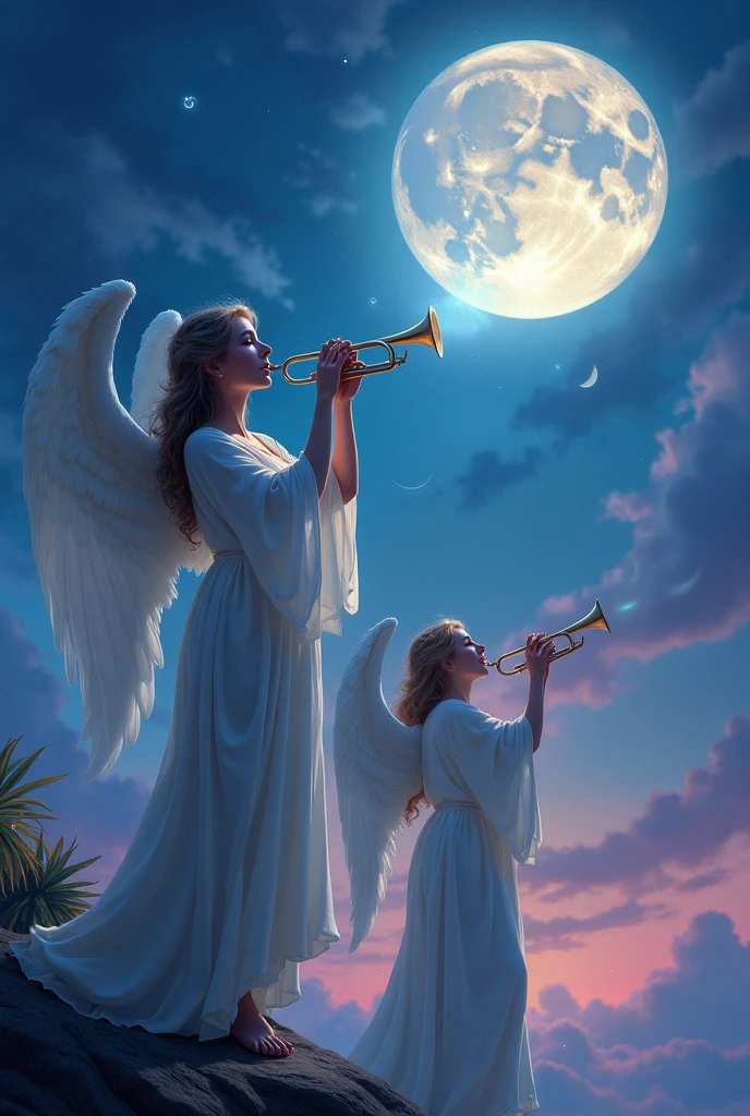 The world of tarot cards、Starry purple night sky、The moon shining in the upper center、On the left is an archangel blowing a trumpet, and on the right are two smaller angels blowing trumpets.、Retro pocket watch under a little angel、A purple rose, a book and a lamp under an archangel、A golden carpet resembling a magic circle shines in the center.、