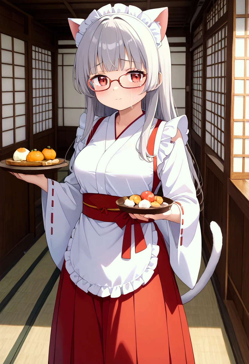 1 person、Lori、(:1.1)、Petite、Big Breasts、 princess cut、 Long Hair 、(Gray Hair:1.2)、 red eyes、Cat ears、Cat tail、White cat、Shrine maiden、(Shrine maiden服:1.2)、 White Kimono 、(White Knee Highs:1.3)、(Shrine maiden服の上に白いエプロンドレス:1.1)、White Prim、( hakama short skirt:1.2)、Glasses、 miko,red hakama、 hakama short skirt、Crying face、 BREAK masterpiece、 beautiful attention to detail:1.2,  perfect lighting, (  Perfect Hand ,  perfect anatomy:1.1)、field、shrine、wa maid, maid, maid headdress, apron, white apron, frilled apron, maid apron,  kimono, japanese clothes, frilled  kimono, holding tray, tray, food,