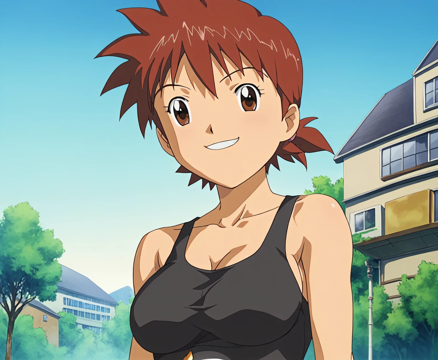 score 9 , score 8 up, score 7 up, source anime, masterpiece, top quality, high definition, 1girl, red hairのアニメの girl , alone, Classic Girl, gives a vibrant , girl , created by anime Painter Studio, Handsome, Girl Romance , Brave, anime style, official fanart , ponytail, Short Hair, red hair, Suede Smile Mimi , brown eyes, visual novel , Colored Sketch anime manga Panel, Muscular Girl , 2000s anime Art Style , Big Breasts, collarbone, big breasts, anime/manga, Painted in an anime artist's studio, In anime style, feminine and Muscular, fanart, clothing: black tank top , Girl Wearing Denim Shorts , anime dick!!!!, Skin Tight Tank Top , Bare shoulders, Painted in an anime artist's studio, plain tank top, realistic anime art style, digital animation art!!, basic tank top, Bare shoulders, Bare Arms, in Bowwater art style, captivating anime girl , anime Drawings, looking at viewer, Cowboy Shots, girl focus, standing, outdoors, tomboy atmosphere, a manly girl, boyish atmosphere,