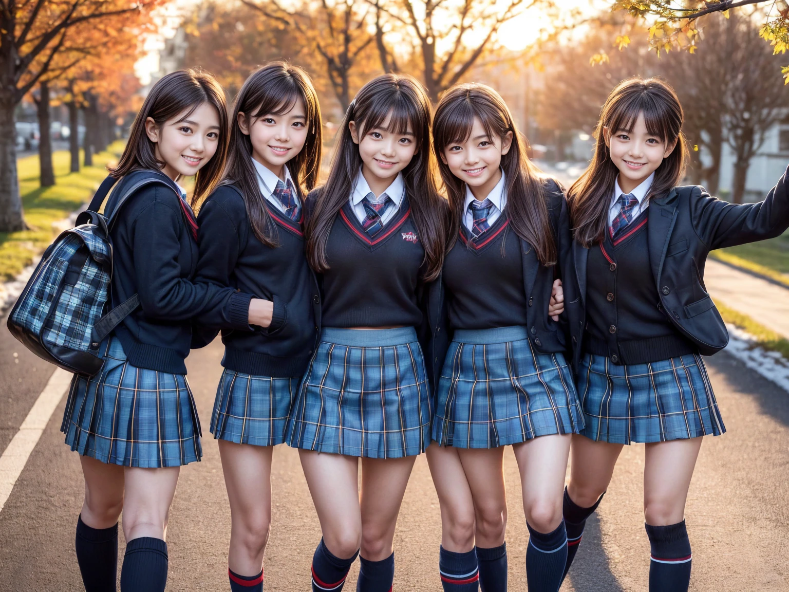 （8K、Raw photography、highest quality、masterpiece：1.2),(black hair:1.5),(Mr..々cute hairstyle、bob cut、very short hair、ponytail、twin tails:1.4),(6 high school girls、all the girls are so beautiful、wearing school uniform:1.6)、(plaid skirt: 1.2)、(Clothing that emphasizes the shape of your chest、big breasts:1.6)、(Group attendance at school:1.4)、ultra high resolution,(grassland:1.3)、(japanese woman: 1.2),（Photoreal：1.37）、photon mapping,reality、(They all look like idols and are cute: 1.7)、(cute smile: 1.7)、(round face: 1.8)、(baby face: 1.2)、radio city、Physically based rendering、depth of field rally background、photograph, (Wearing a skirt that is too short: 2.0)、((super mini skirt、her skirt is short、white panties are visible..:1.4)),(all wearing very short skirts、angle from below、Thighs and panties look beautiful: 1.5)、whole body、super fine、((show off panties:1.4)),(6 high school girls lift up the skirt:1.39)、A girl with an extremely cute young face:1.2、thin body,thin legs,(very small face),(NSFW:1.15)
