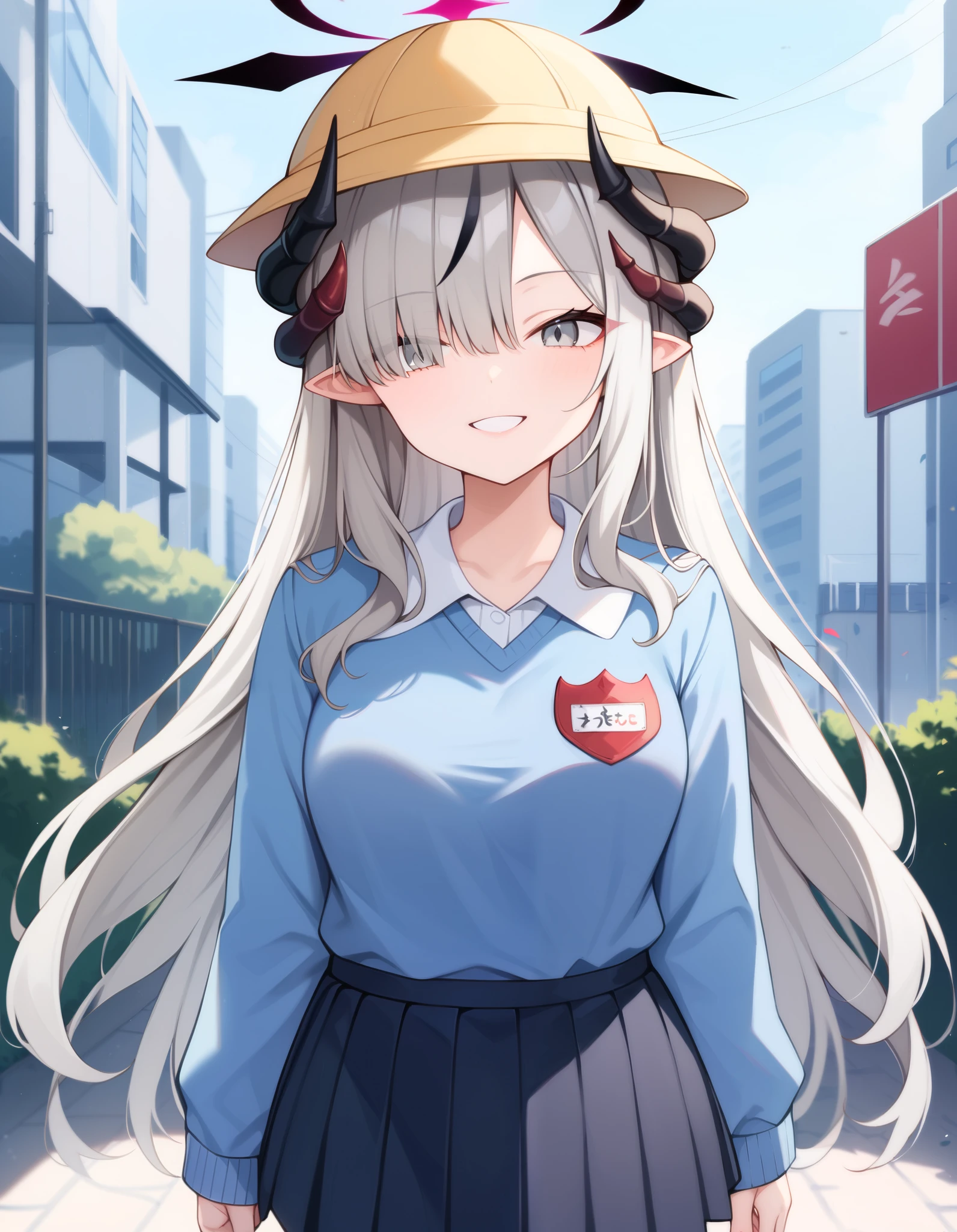 Masterpiece, hd, best quality, makotodef, grey hair, hair over one eye, black headwear, multiple horns, black horns, pointed ears, demon horns, halo, grey eyes, medium breasts,  school hat, yellow hat,  kindergarten uniform, collared shirt, blue sweater, red name tag, pleated skirt, black skirt, outdoor,  smile,  standing, cowboy shot