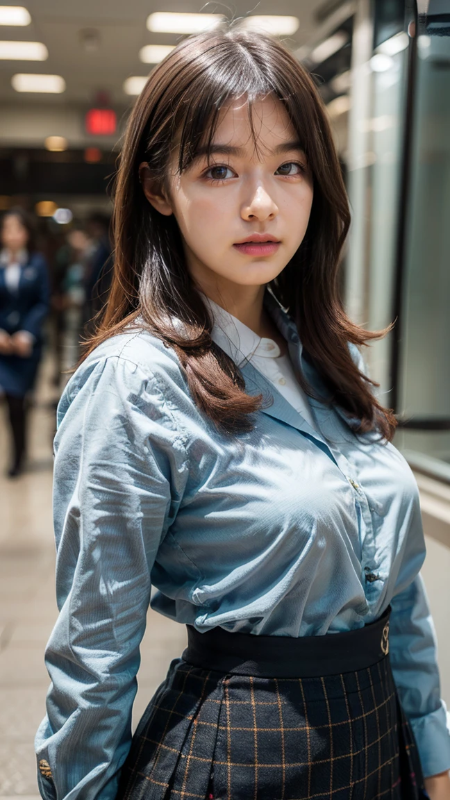 A beautiful, 24-year-old Japanese woman with perfect anatomy, healthy thighs, beautiful legs, beautiful skin, random hair color and style, large breasts, (wearing a flight attendant uniform with a mini-skirt:1.3), (she is standing:1.2), full body shot, pumps, carrying a suitcase, at the airport, (best quality,4k,8k,highres,masterpiece:1.3),(extremely detailed:1.2),realistic,photorealistic,photo-realistic:1.37,professional,vivid colors, studio lighting, morinana