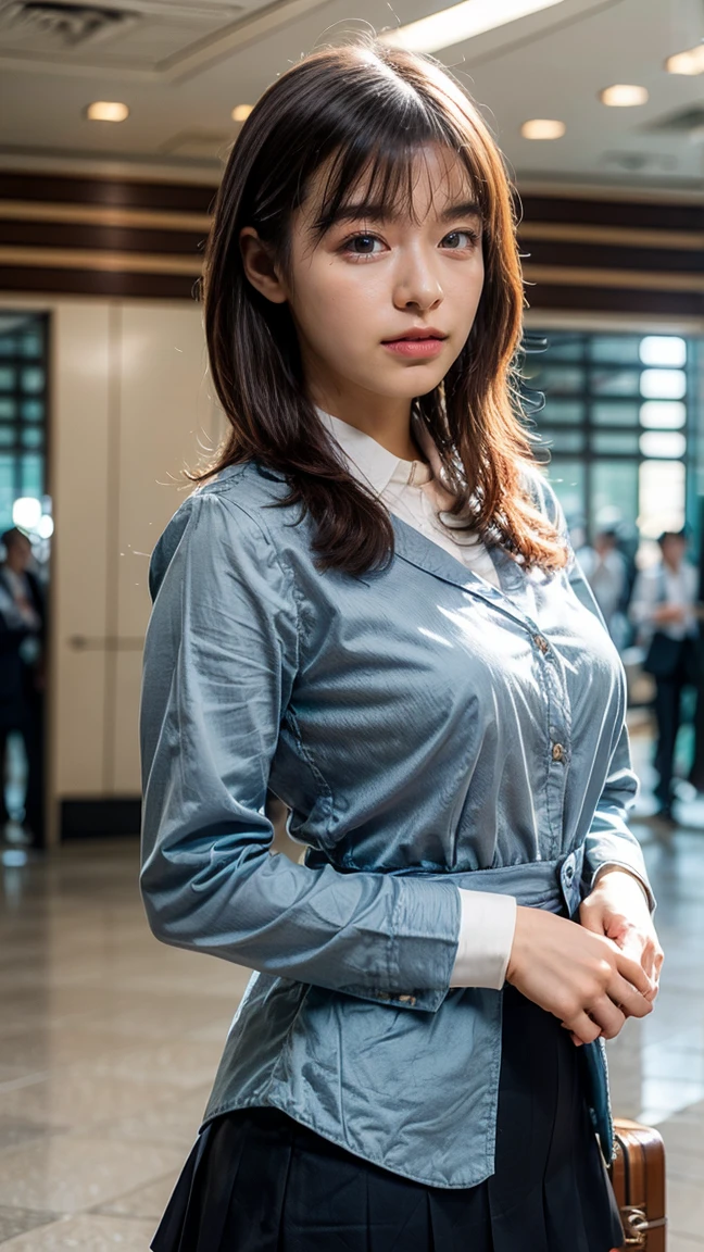 A beautiful, 24-year-old Japanese woman with perfect anatomy, healthy thighs, beautiful legs, beautiful skin, random hair color and style, large breasts, (wearing a flight attendant uniform with a mini-skirt:1.3), (she is standing:1.2), full body shot, pumps, carrying a suitcase, at the airport, (best quality,4k,8k,highres,masterpiece:1.3),(extremely detailed:1.2),realistic,photorealistic,photo-realistic:1.37,professional,vivid colors, studio lighting, morinana