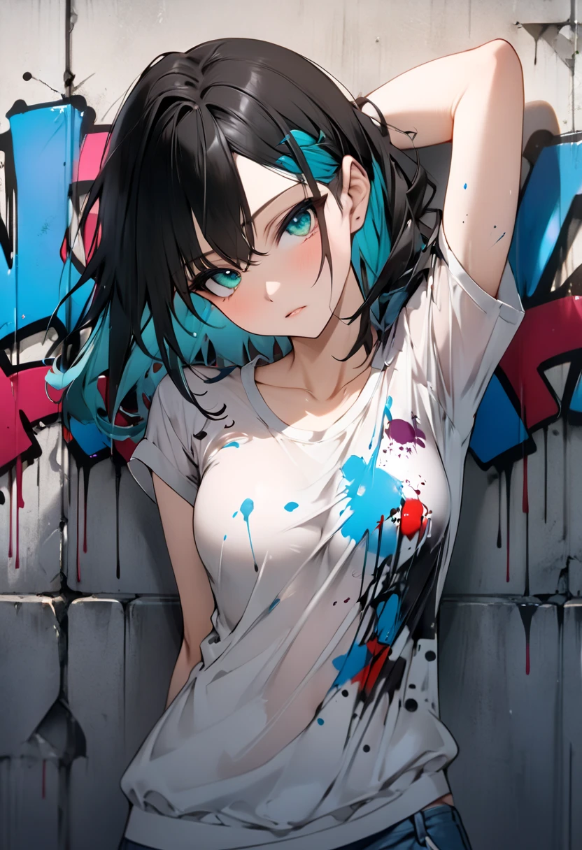 masterpiece, best quality, 1girl, solo, ストリートファッション, (graffiti:1.5), paint splatter, arms behind back, against wall, looking at viewer,, paint on body, head tilt, bored, multicolored hair, aqua eyes, --v 6.1