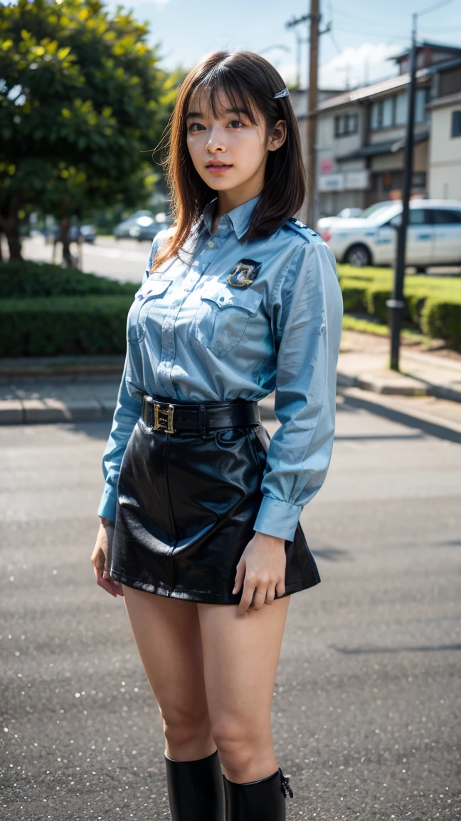 beautiful Japanese woman, 22 years old, perfect anatomy, healthy thighs, beautiful legs, beautiful skin, random hair color, random hairstyle, large breasts, female police officer, (Japanese police uniform:1.3), (miniskirt:1.3), (she is standing:1.2), full body shot, high heels, city street, (best quality, 4k, 8k, highres, masterpiece:1.3), (extremely detailed:1.2), morinana