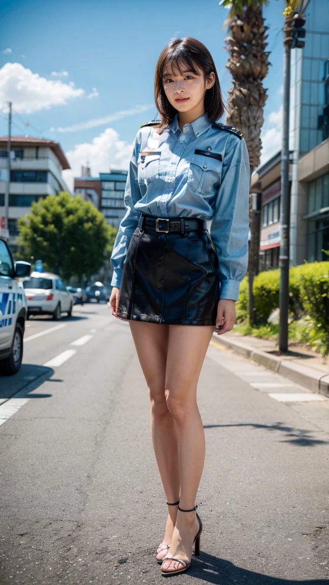 beautiful Japanese woman, 22 years old, perfect anatomy, healthy thighs, beautiful legs, beautiful skin, random hair color, random hairstyle, large breasts, female police officer, (Japanese police uniform:1.3), (miniskirt:1.3), (she is standing:1.2), full body shot, high heels, city street, (best quality, 4k, 8k, highres, masterpiece:1.3), (extremely detailed:1.2), morinana