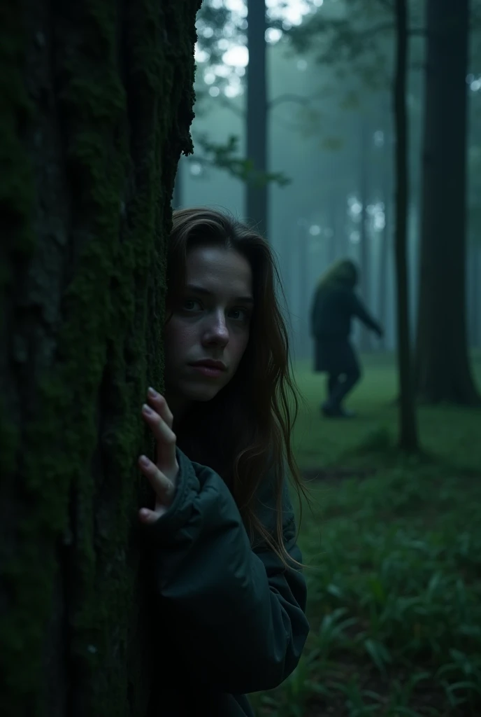 A medium shot of one of the agers, Sarah, as she suddenly stops in her tracks. Her face is pale, and her eyes are wide with fear as she hears a faint, childlike giggle coming from somewhere deep within the forest. The other teens are slightly out of focus in the background, unaware of what Sarah has just heard.