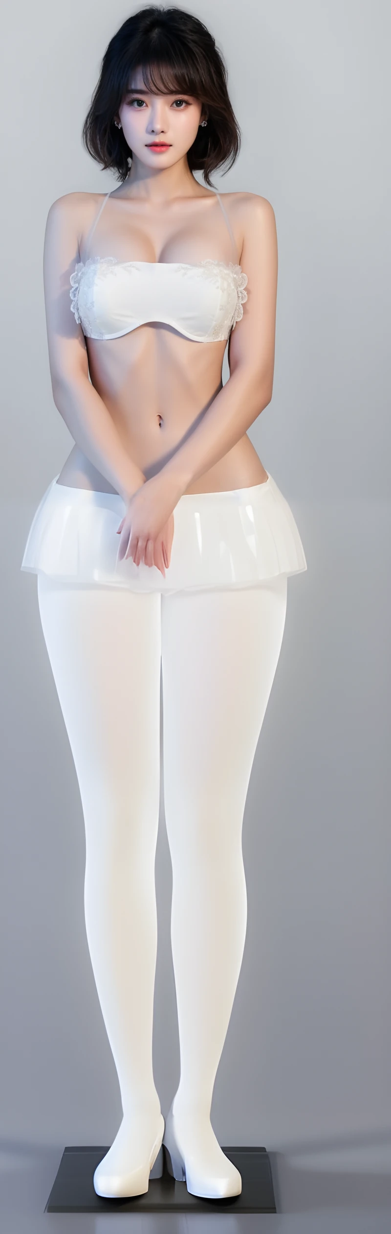 fashion model 18 years old [[[[Close-up cleavage]]]], [[[[]]]], [[[[rape]]]], [[[[Shoulder]]]], perfect eyes, perfect iris，perfect lips，perfect teeth，Perfect skin，Has fair skin，long face，slender nose，girl，((Chinese ballet green transparent underwear))，（Keep your feet apart，standing posture:1.4），standing on the water，There is a clear full body reflection，raise your arms，Place your hands behind your head，Keep your eyes on the camera，Body facing camera，A delicate face，Raised sexy，Slim，breast enlargement，hip fat，Show leg length，（full-body shot），gray background，4k ultra high definition, ultra high resolution, (lifelike: 1.4), best quality，masterpiece，（pastel colors：1.2）