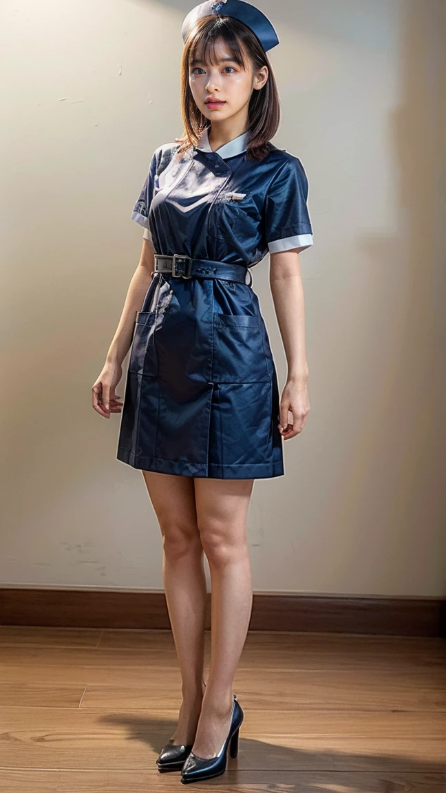 a beautiful young 24-year-old Japanese woman, beautiful, detailed anatomy, beautiful skin, random hair color and hairstyle, big breasts, nurse hat, (nurse uniform:1.3), nurse cap, (she is standing:1.2), full body shot, high heels, hospital, (best quality,8k, masterpiece:1.3), (extremely detailed:1.2), morinana