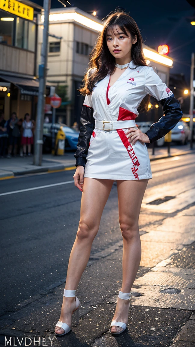 A beautiful Japanese woman, 20 years old, perfect anatomy, healthy thighs, beautiful legs, beautiful skin, random hair color, random hairstyle, large breasts, race queen, (race queen costume:1.3), zent, (she is standing:1.2), full body shot, high heels, racing circuit, (best quality,4k,8k, highres, masterpiece:1.3), (extremely detailed:1.2),photorealistic, cinematic lighting,HDR,professional photography, vivid colors, morinana