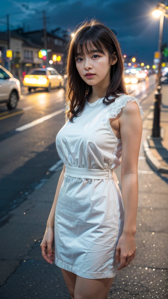 a beautiful young Japanese woman, 24 years old, with healthy thighs, beautiful legs, flawless skin, random hair color and hairstyle, large breasts, a hostess wearing a hostess dress, high heels, (she is standing:1.2), full body shot, holding a purse in one hand, on a busy city street at night, (best quality,4k,8k,highres,masterpiece:1.3),(extremely detailed:1.2),detailed anatomy,photorealistic,vibrant colors, dramatic lighting, morinana