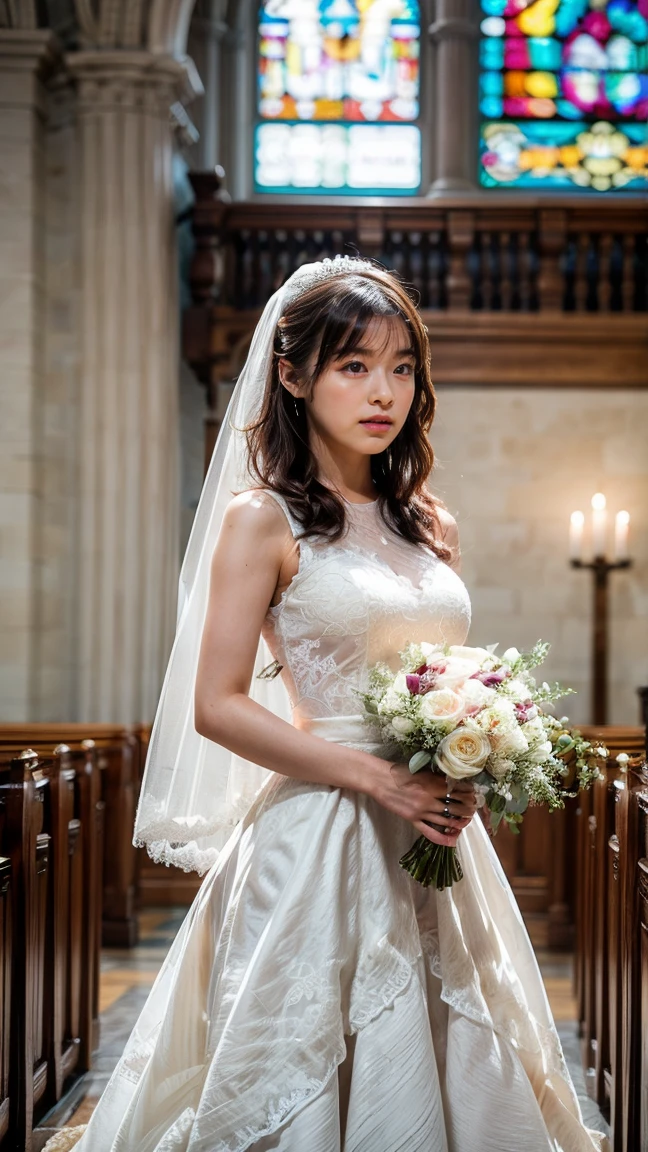 A beautiful young Japanese woman, 26 years old, with healthy thighs, beautiful legs, flawless skin, random hair color and style, large breasts, wearing a (wedding dress:1.3), (she is standing:1.2), full body shot, high heels, holding a bouquet in her hands, in a church setting, (best quality,8k, masterpiece:1.3), (extremely detailed:1.2), perfect anatomy, morinana