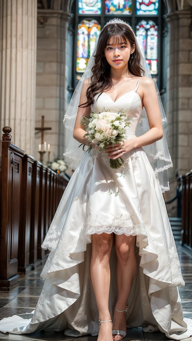 A beautiful young Japanese woman, 26 years old, with healthy thighs, beautiful legs, flawless skin, random hair color and style, large breasts, wearing a (wedding dress:1.3), (she is standing:1.2), full body shot, high heels, holding a bouquet in her hands, in a church setting, (best quality,8k, masterpiece:1.3), (extremely detailed:1.2), perfect anatomy, morinana