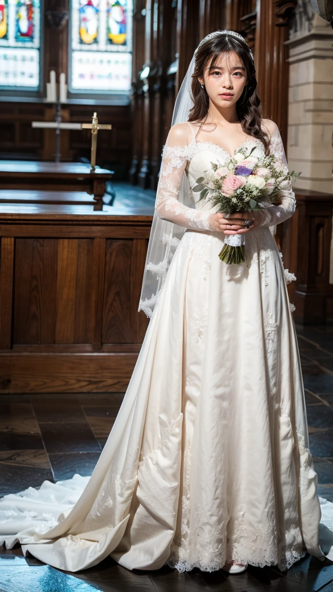 A beautiful young Japanese woman, 26 years old, with healthy thighs, beautiful legs, flawless skin, random hair color and style, large breasts, wearing a (wedding dress:1.3), (she is standing:1.2), full body shot, high heels, holding a bouquet in her hands, in a church setting, (best quality,8k, masterpiece:1.3), (extremely detailed:1.2), perfect anatomy, morinana