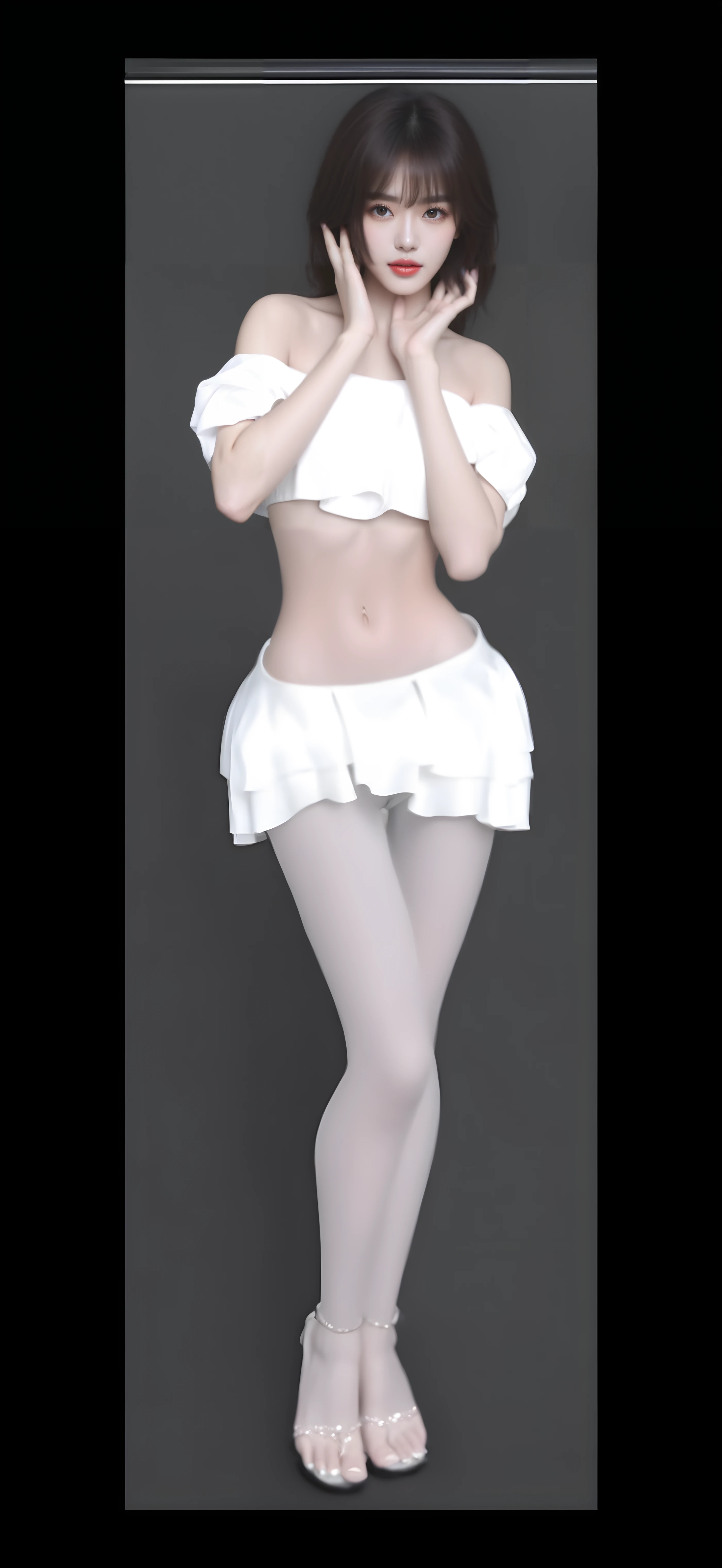 Transparent clothes,Half-off pleated skirt,Short skirt with low rise,High-fork panties,Transparent skinny latex garment,Ripped pants,Reflective,Perfect body line,open waist,Pouting ass,stooped,Cocked buttocks,Full buttocks,Back view,Five fingers,Open palms,Transparent black gloves,Tiptoe,Big breasts Thin waist,clear silhouette,sharper details