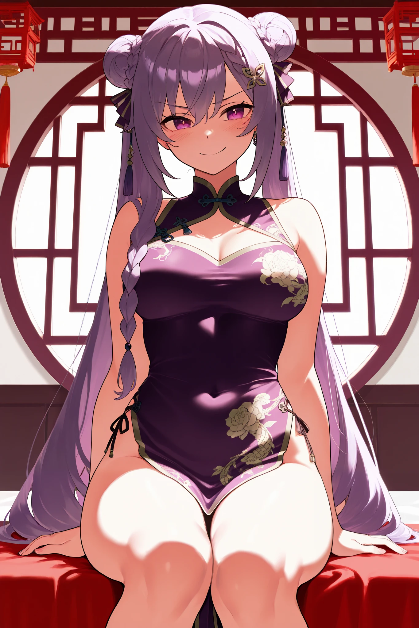 NSFW,masterpiece, top quality, high definition, very detailed,Keqing、 braids、コーンHair Bun、Hair Bun、 hair ornament、 Long Hair 、 purple eyes、 purple hair, china dress,Chinese style house, provocative smile 